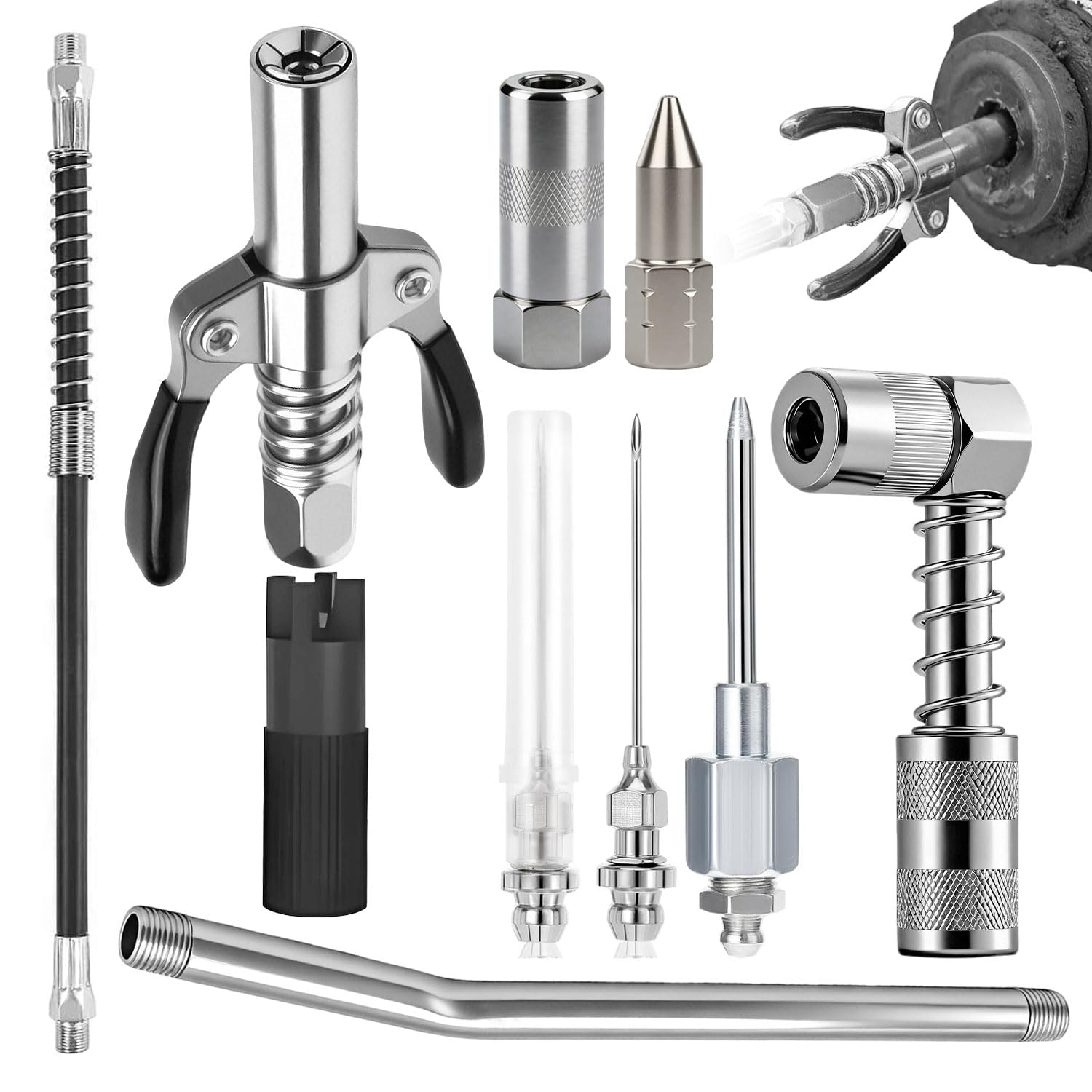 Kit 10 Testina Ingrassatore Professionale Accoppiatore Autobloccante a Doppia Impugnatura, Ugello a 90°, Tubo Flessibile da 30 CM Compatibile con Ingrassatore Manuale, Elettrici e Pneumatici
