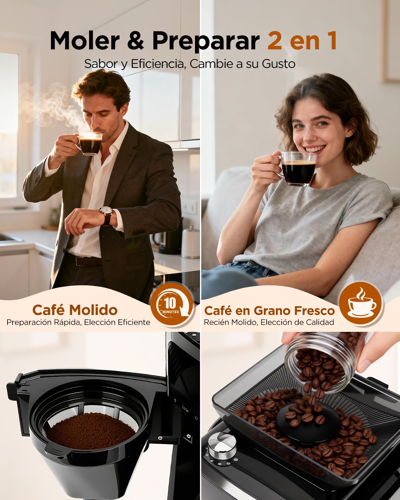 Aigostar Cafetera Goteo con Molinillo Incorporado, 7 Ajustes de Molienda | 1,5L (2-12 Tazas), 1400W Maquina de Cafe, 3 Concentraciones, Programable 24H con Mantenimiento de Calor, Negro