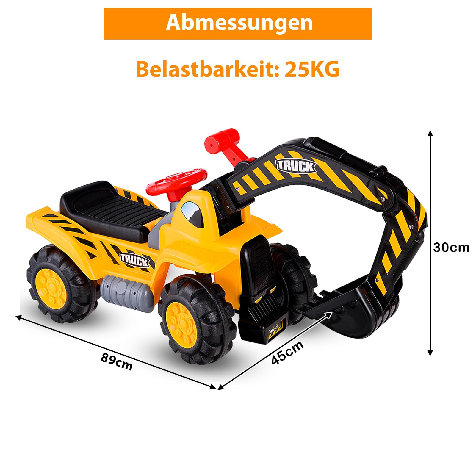 SOARS Sitzbagger, Aufsitzbagger mit Stauraum unter dem Sitz, Kinderbagger mit Horn & Soundeffekten, Sandkasten Bagger mit Verstellbarer Schaufel, inkl. Helm & 3 Spielzeug Stein