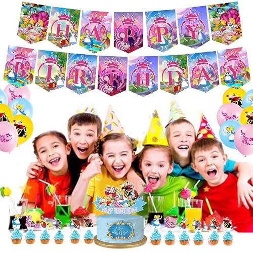 Alice In Wonderland Birthday Party Decoration,Include Alice Happy Birthday Banner, Cake Toppers, Cupcake Toppers, Latex Balloons For Alice In Wonderland Theme Birthday Party Supplies Kids Girls Baby Shower #TOP6