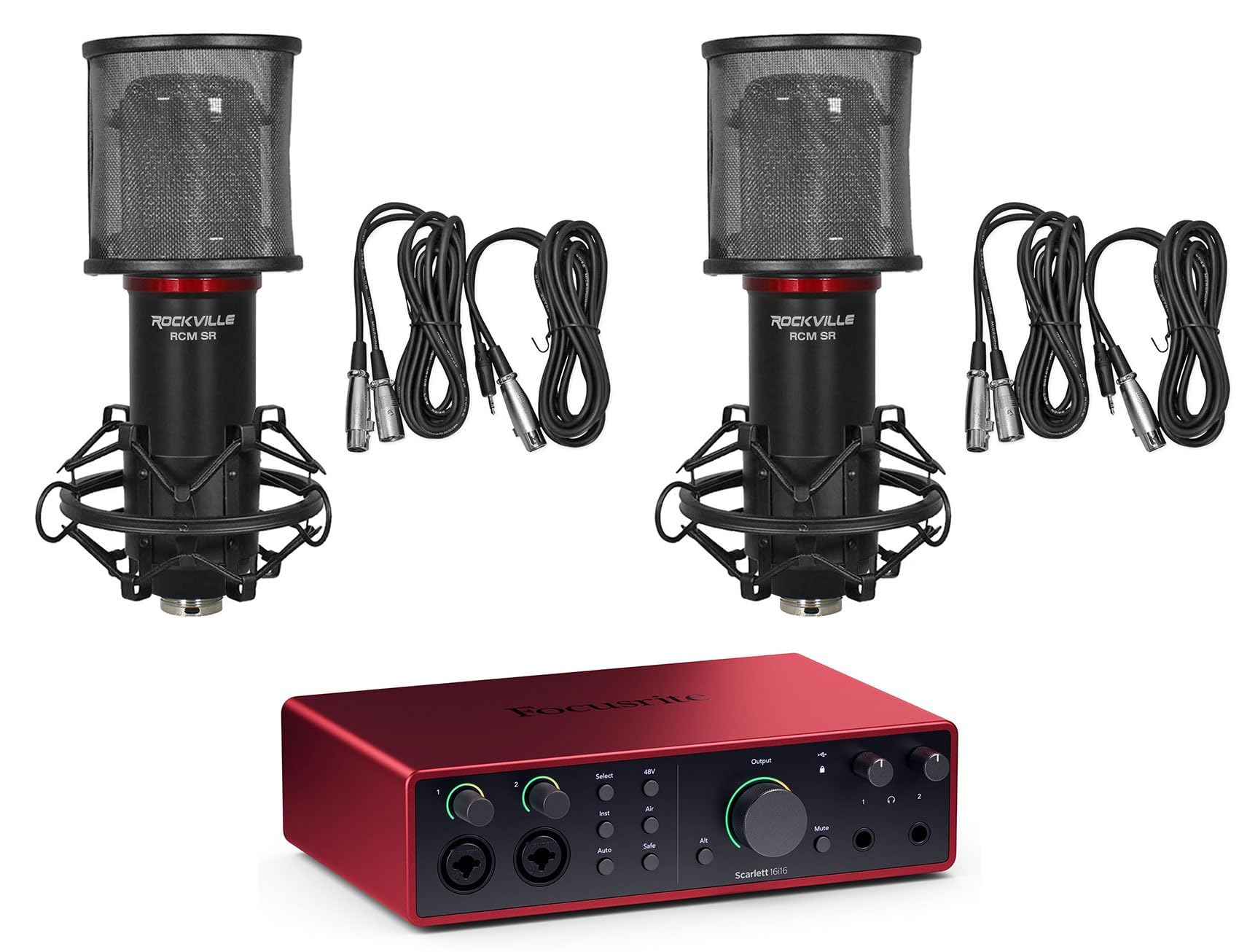 Audiosavings Bundle: Focusrite SCARLETT 16I16 4G 4th Gen 24-bit 192 kHz Audio Recording Interface Bundle with (2) Rockville RCM SR Studio/Recording Condenser Microphone (3 Items)