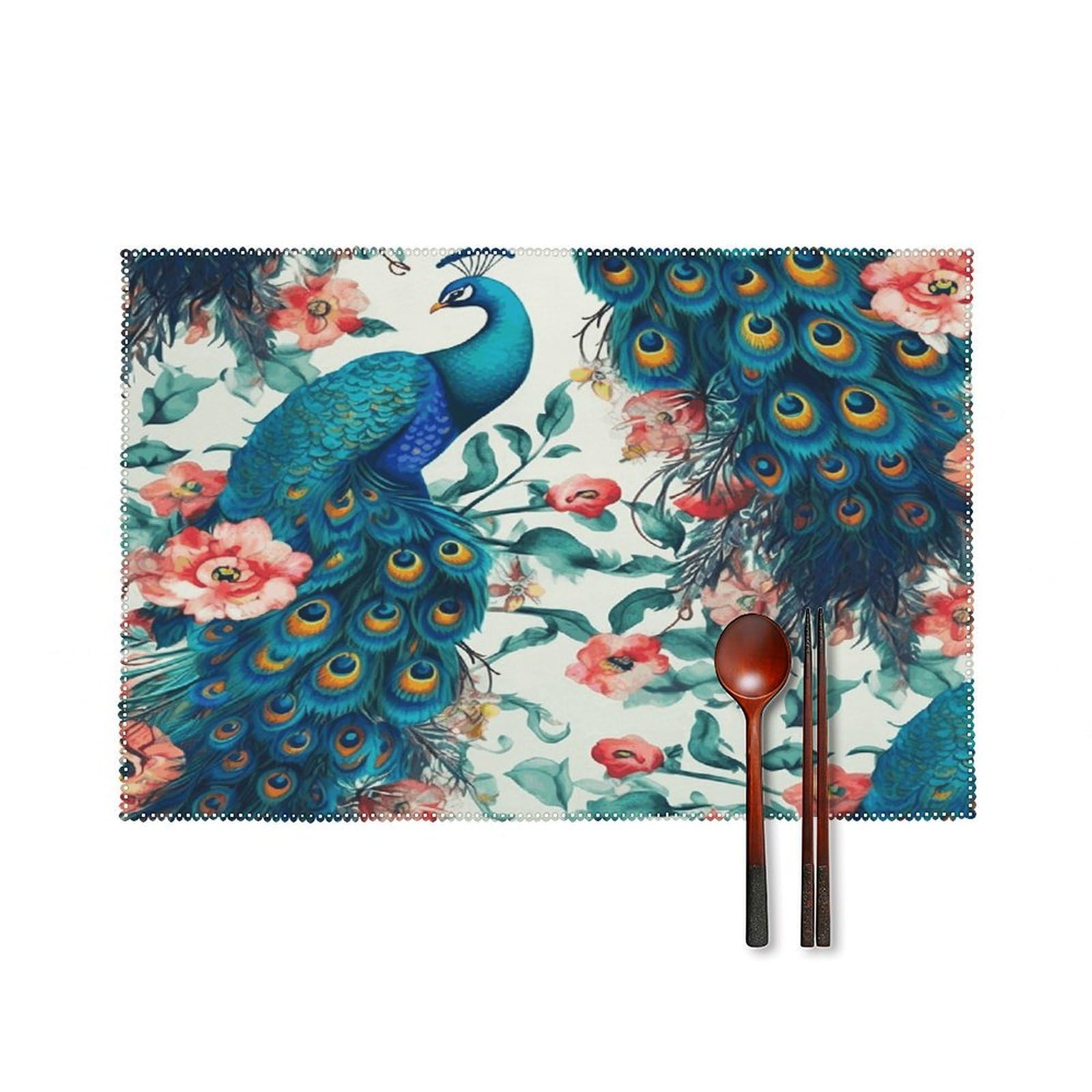 Beautiful Peacock Flowers Placemats Set of 4 Canvas Washable Cloth Place Mats Wipeable Heat Resistant Table Mats Elegant Cloth Placemat for Kitchen Dinning Party Table Decor 12" X 18"
