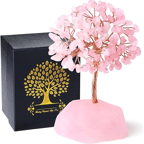 QINJIEJIE Rose Quartz Crystal Tree Healing Crystals Pink Desk Decor Gemstone Tree Natural Stones Base Copper Wire Attract Luck Money Trees Office Decor Energy Spiritual Meditation Gift