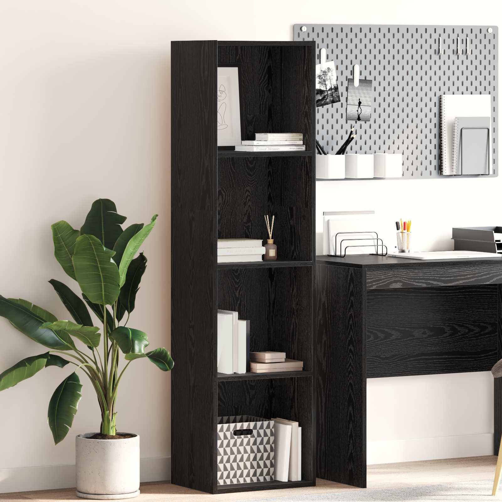 Bücherregal Schwarz Eichen-Optik Holzwerkstoff 40 x 30 x 152 cm Standregal mit 4 Regalböden und Stauraum, vielseitiges Regalsystem für Wohnzimmer Schlafzimmer Büro Ablage und Deko