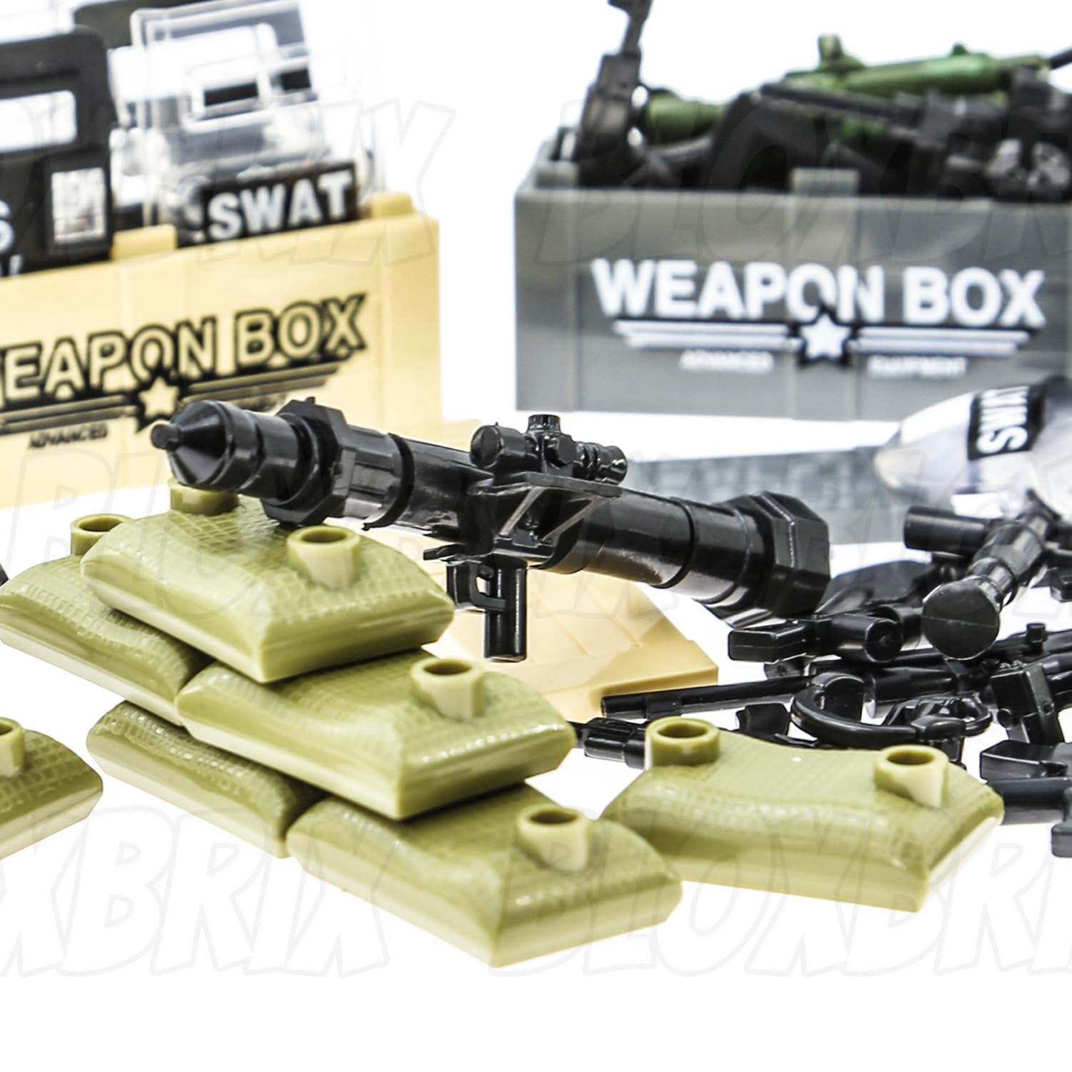 BloxBrix 180 pezzi Armi Macchine Pistole compatibili con le principali marche, minifigure addons Militarybase toy Soldiers Police, WW2 Modern Belt  maschera gas Decazioni per uomini dell'esercito