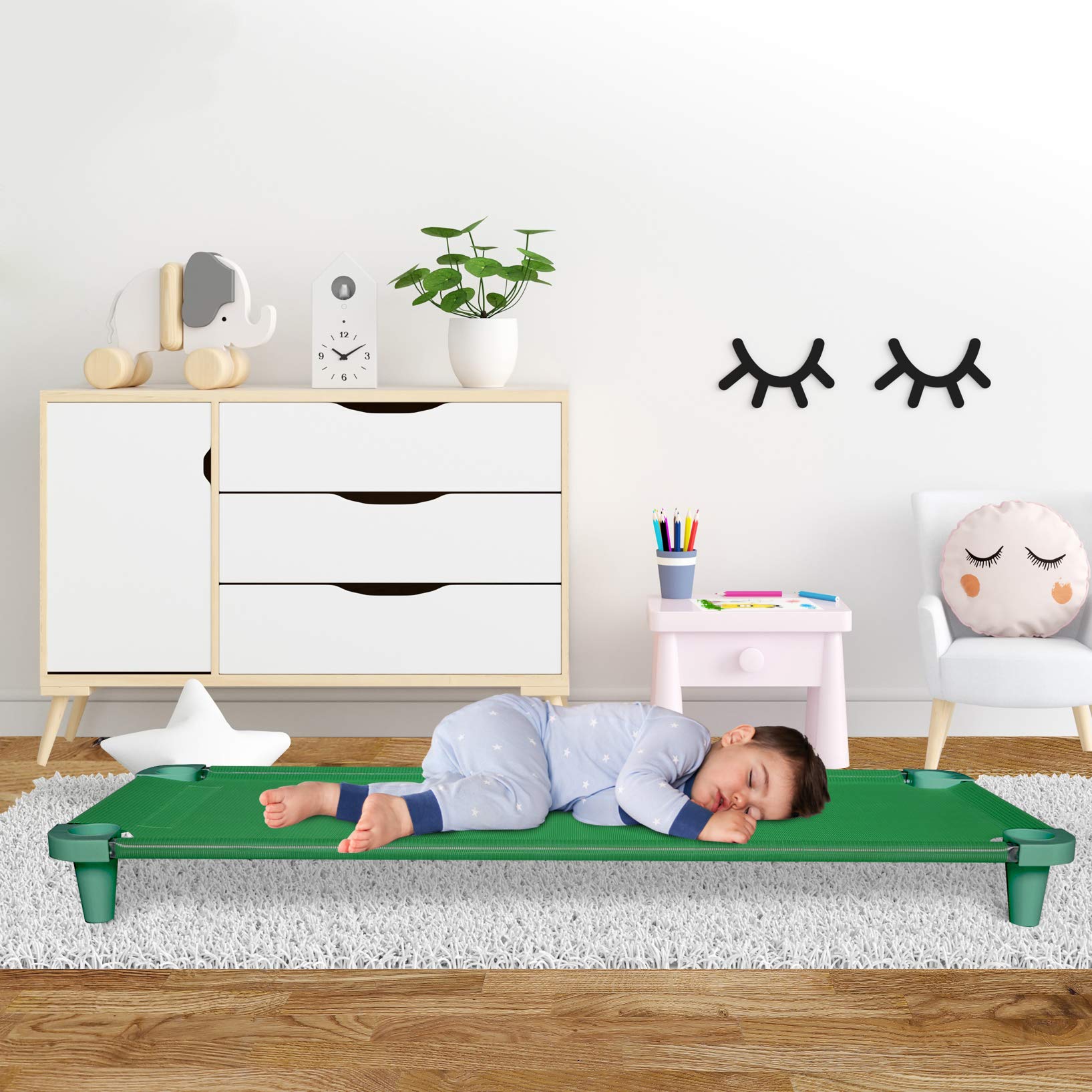 Acrimet Lit de Sieste pour Enfants Portable Empilable 52 Pouces Acier Inoxydable Tissu Maille Respirante Vert