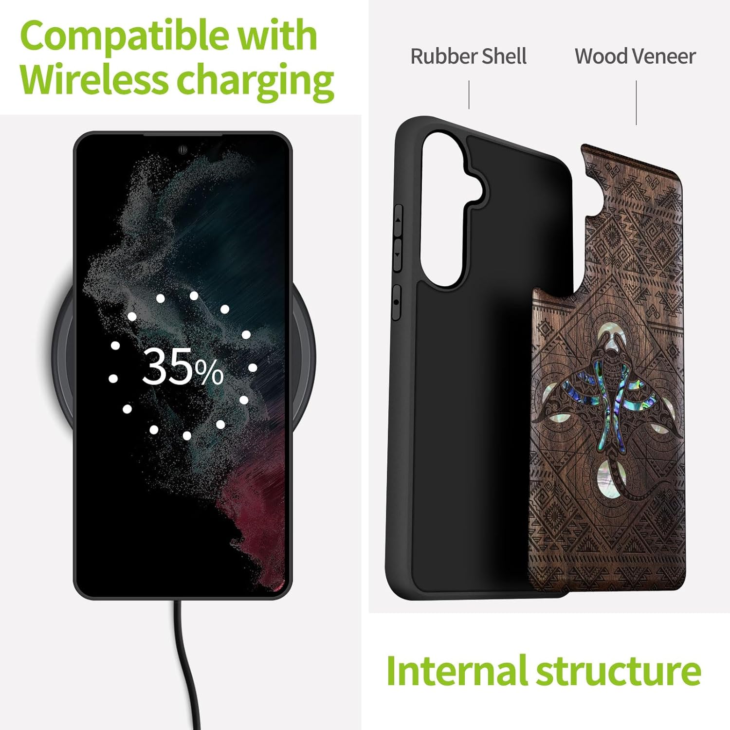 Carveit Designer Wooden Case for Samsung Galaxy S24 Plus Case [Wood Engraving & Shell Inlay] Compatible with Wireless Chargers S24 Plus Cover (The Tribal Manta Rays-Walnut)