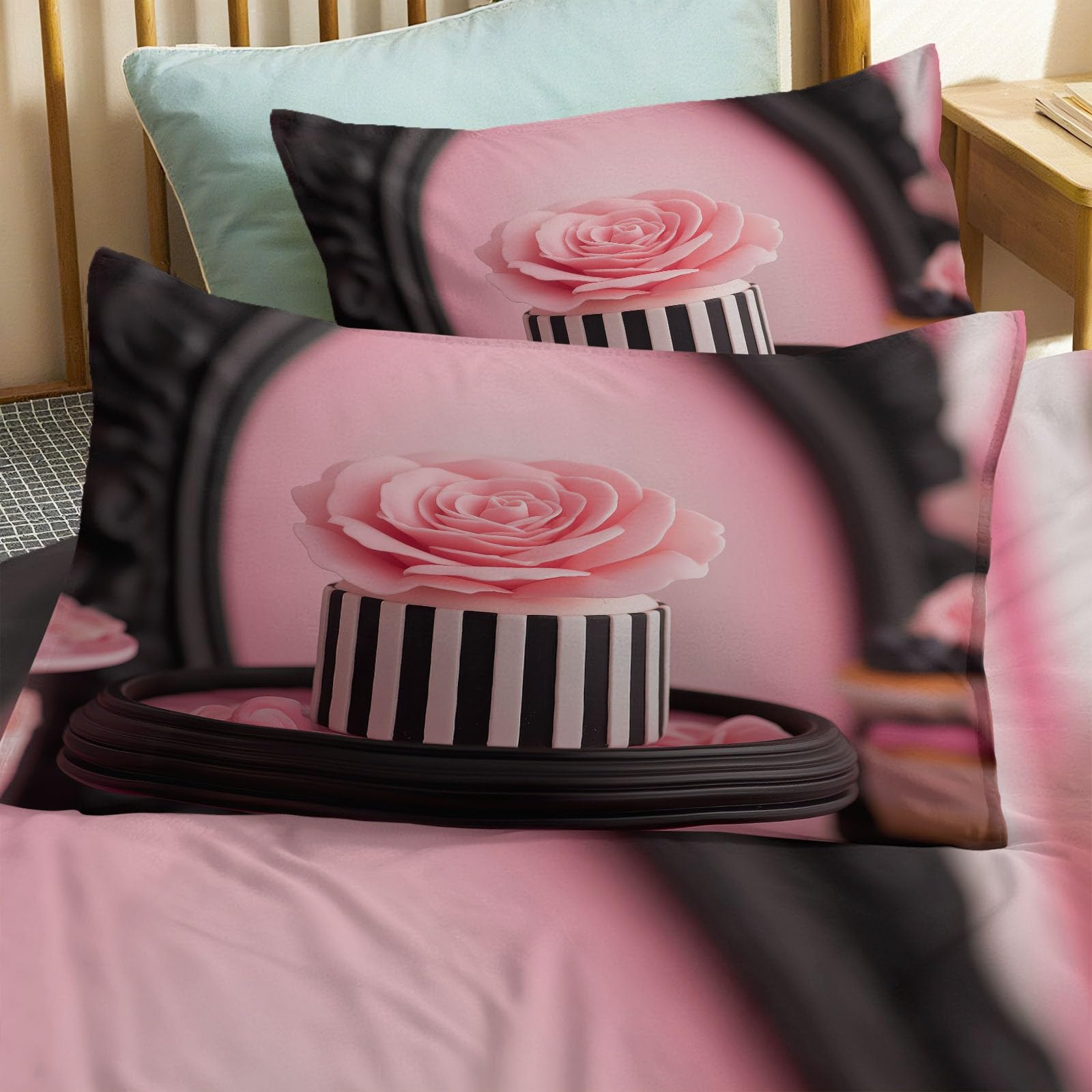 Pościel 3D 155 x 220 cm, modna pościel deserowa, babeczki, zestaw pościeli, kolor jasnoróżowy, miękki, nie wymaga prasowania, oddychający, z zamkiem błyskawicznym, w zestawie 1 poszwa na kołdrę i 2