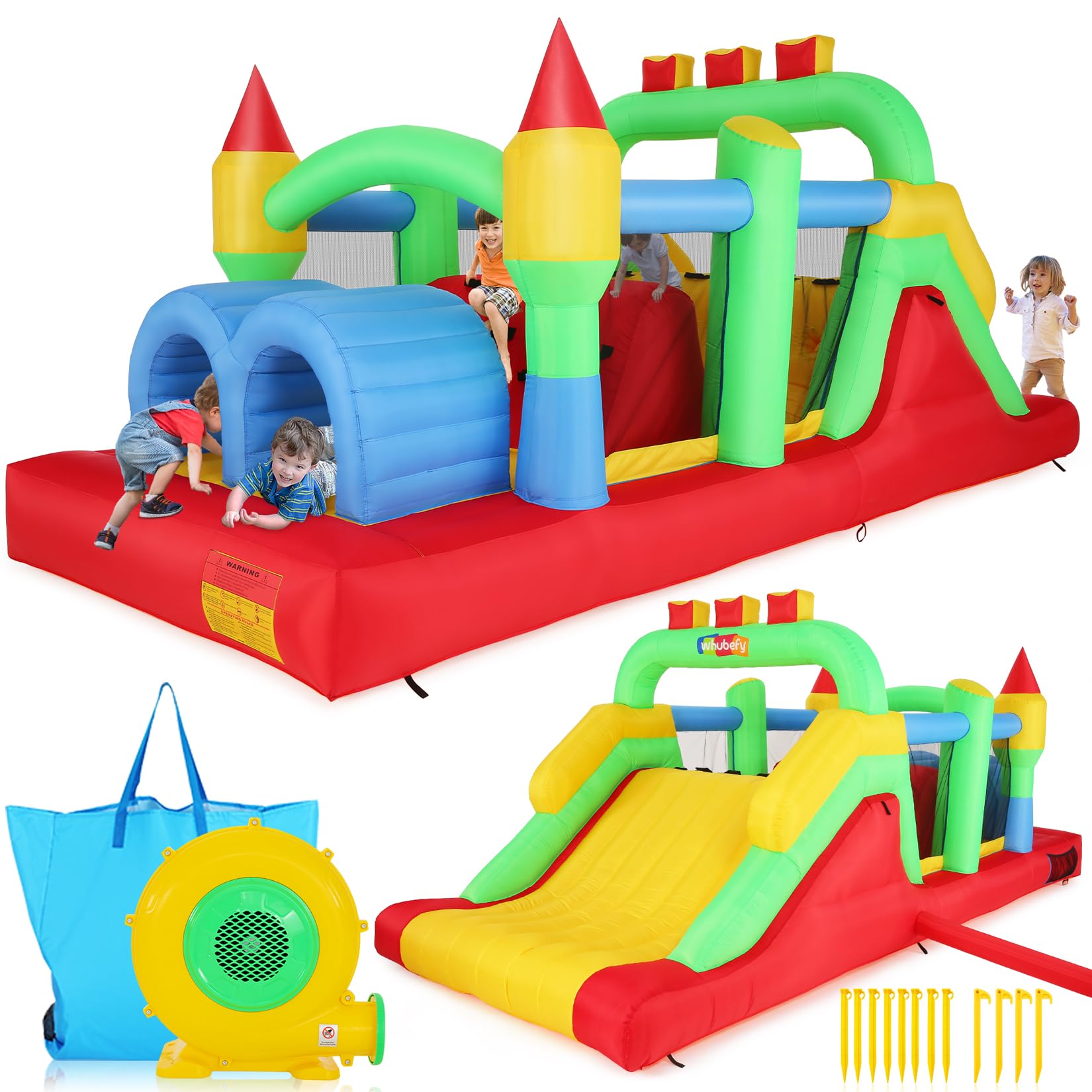 Whubefy Inflatable Bounce House Obstacle Course for Big Kids 3-6 8-12 with Large Slide, Racing Crawl Tunnels, Giant Bouncy Castle with 680W Blower for Backyard Outdoor 18.0x8.2x6.6 ft