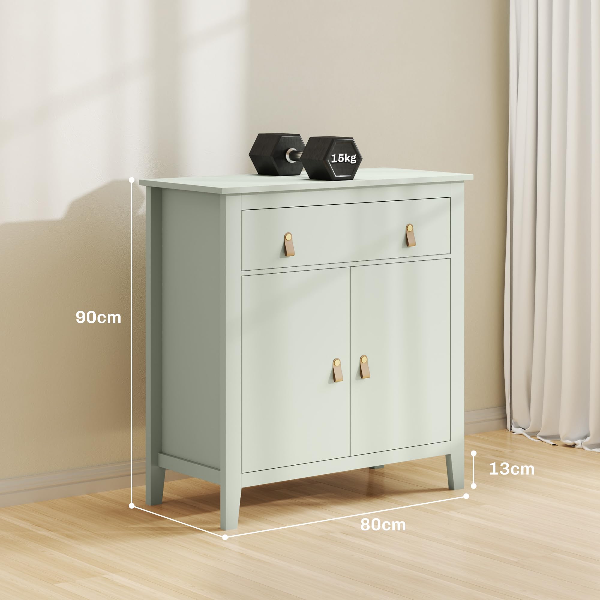 HOMCOM Aparador de 2 Puertas Aparador de Salón Moderno con Cajón Estante Ajustable y Tiradores de PU Mueble Auxiliar para Comedor Pasillo 80x40x90 cm Verde Claro