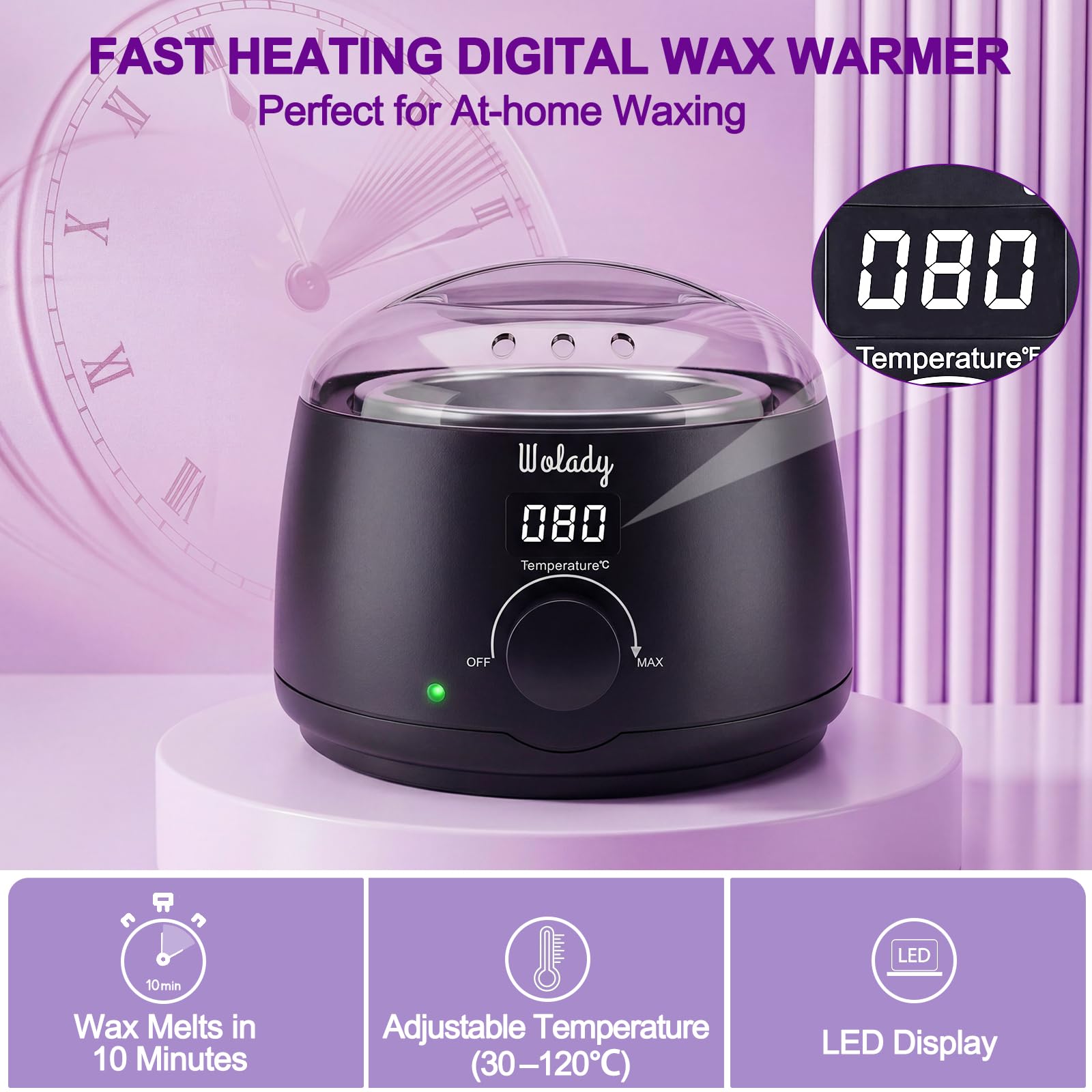 Chauffe Cire Épilation à la Cire Chaude Professionnelle 500ml, Wolady Smart Appareil à Cire Avec 4 Sachets Cire et 10pcs Bâtons Épilation Visage Bras Jambes Aisselles (Noir)