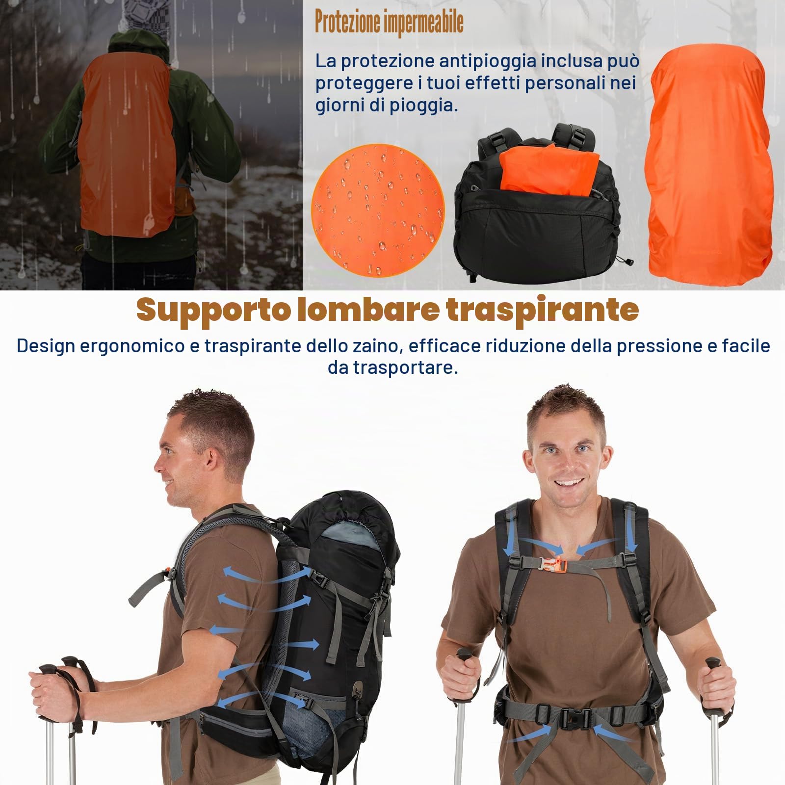 Cozary Zaino Trekking 70L Anti-Strappo Impermeabile con Copripioggia, Sistema Traspirante per Escursionismo Campeggio Montagna