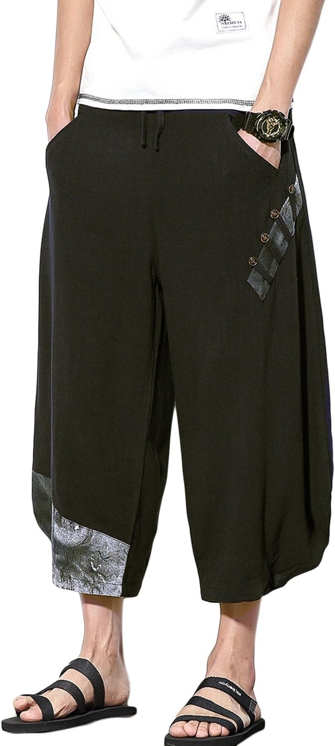 sandbankMens Summer Casual Lounge Baggy Patchwork Linen Shorts Harem Capri Pants