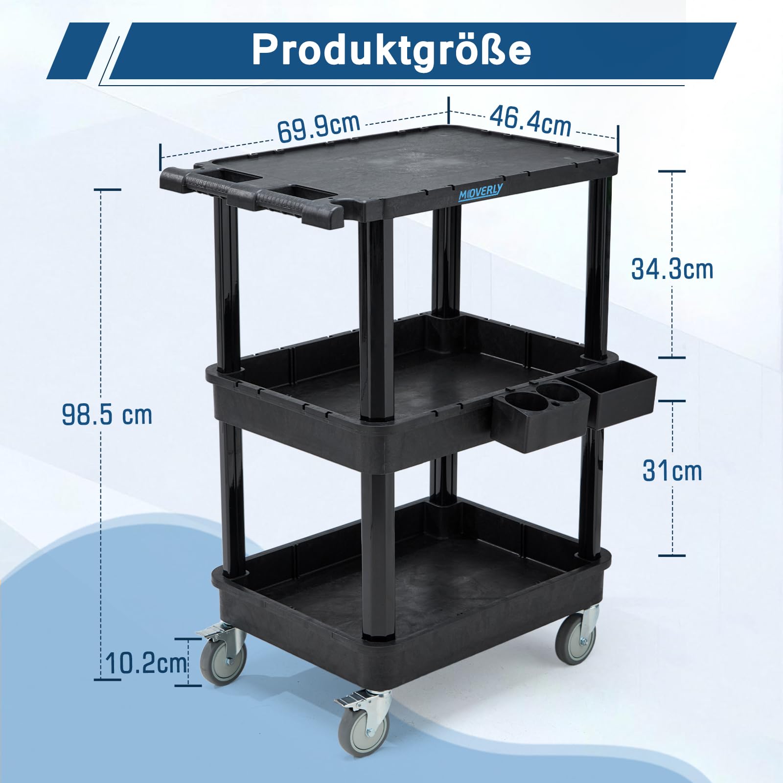 3-stufiger Rollwagen mit Flacher Ablage & tiefen Regalen, 70 x 46,4 cm, Kunststoff-Mehrzweckwagen mit 10 cm Rollen, 150 kg Tragkraft – für Büro, Werkstatt, Lager geeignet