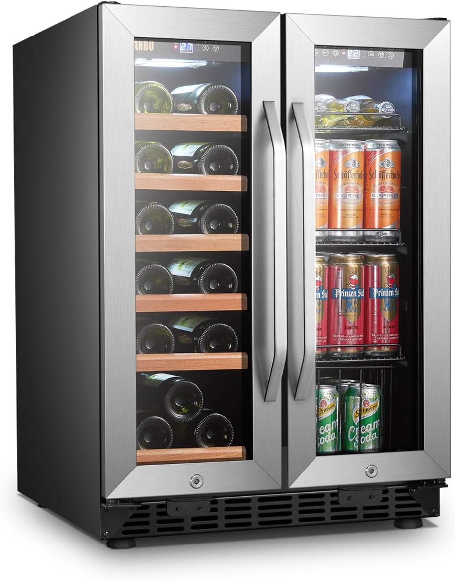 Lanbo Lockable Compact Stainless Steel Versatile 18 Bottle/55 Can Wine, Pop/Soda, and Adult Beverage Refrigerator