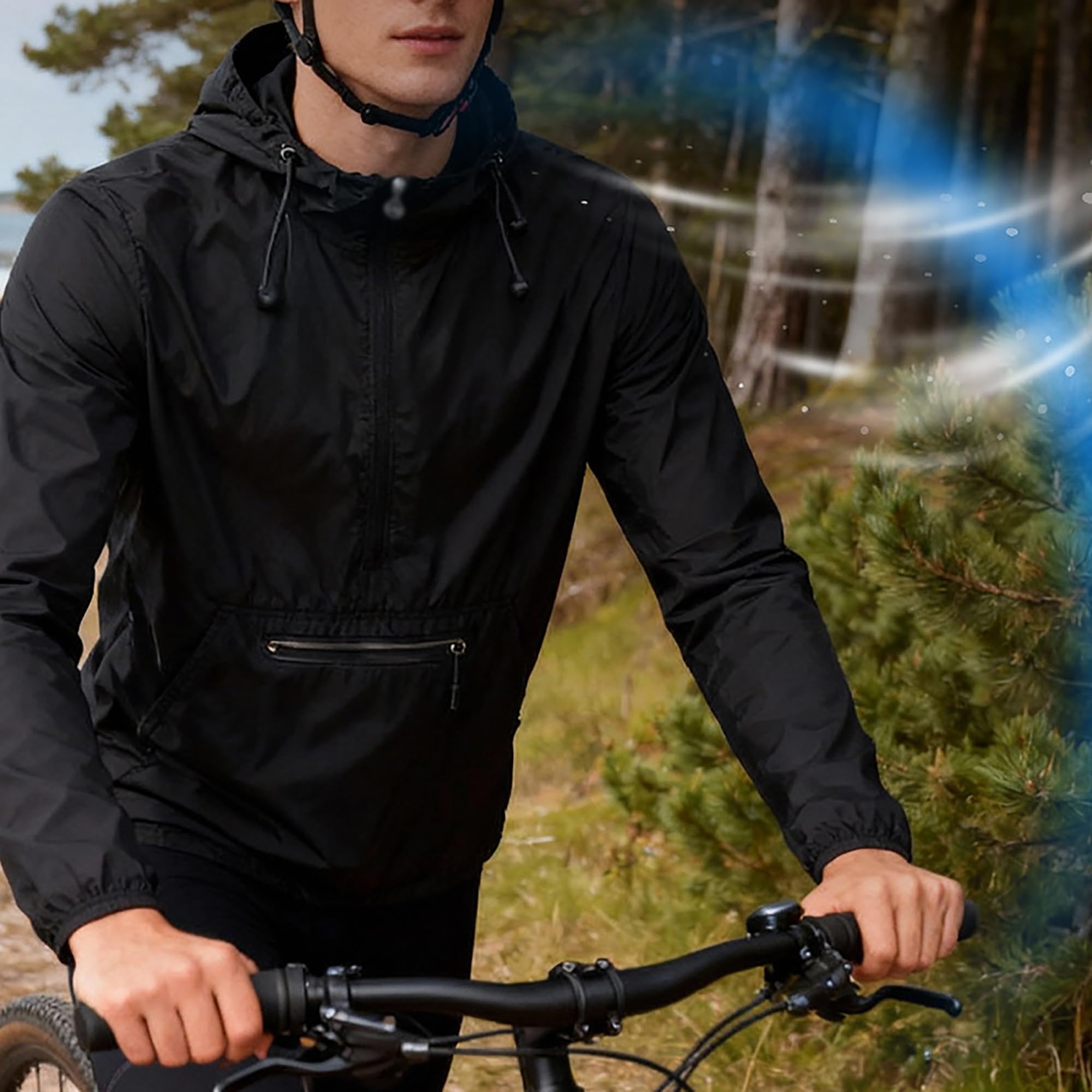 Chaqueta de ciclismo para hombre, Top de ciclismo hombre, Chaqueta de Lluvia Reflectante con Capucha Bolsillo Trasero para senderismo, cortavientos, exteriores