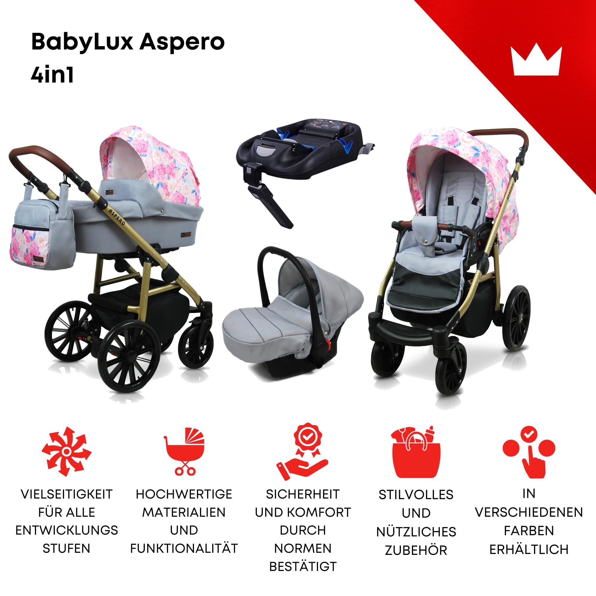 BabyLux® Wózek dziecięcy kompletny zestaw 4 w 1 - Aspero - w tym gondola dla niemowląt, wędka, fotelik samochodowy, podstawa ISOFIX - system kombinowany dla niemowląt, z torbą do przewijania itp.