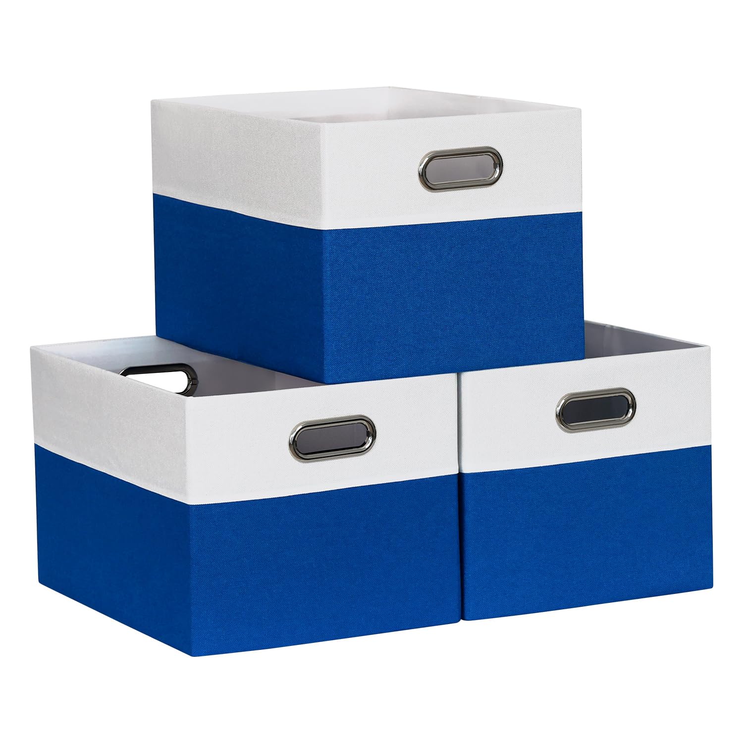 3 Stück Aufbewahrungsbox aus Stoff, Faltbare Ordnungsboxen mit Metallgriff, Boxen Aufbewahrung, Faltbox, Aufbewahrung für Kleidung, Geeignet für Schränke, Büros, 38x28x24 cm (Weiß & Blau)