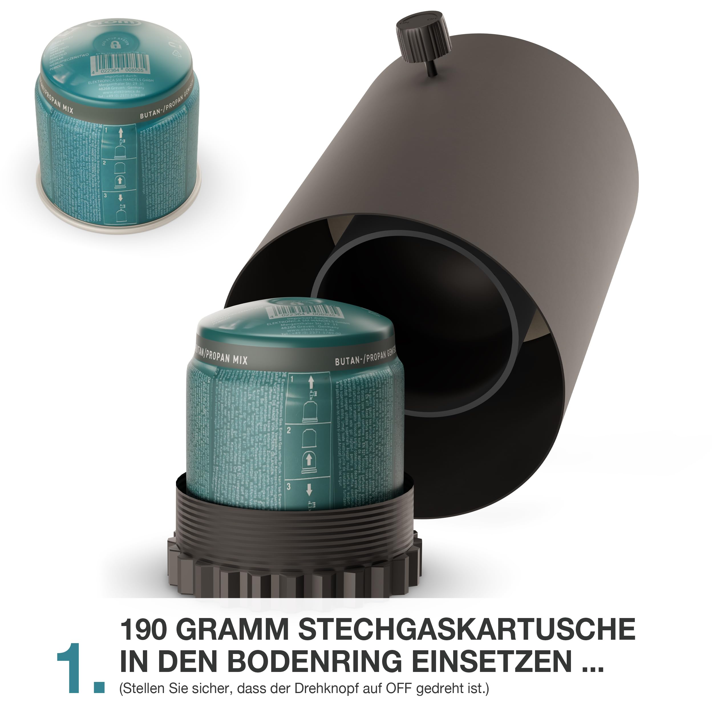 TOM Innovation XXL Gas Tischkamin - 12 Stunden Brenndauer für Indoor & Outdoor – Tisch Kamin Set – Tischfeuer mit Deko-Steinen – Plus 3X 190 g Stechgaskartusche