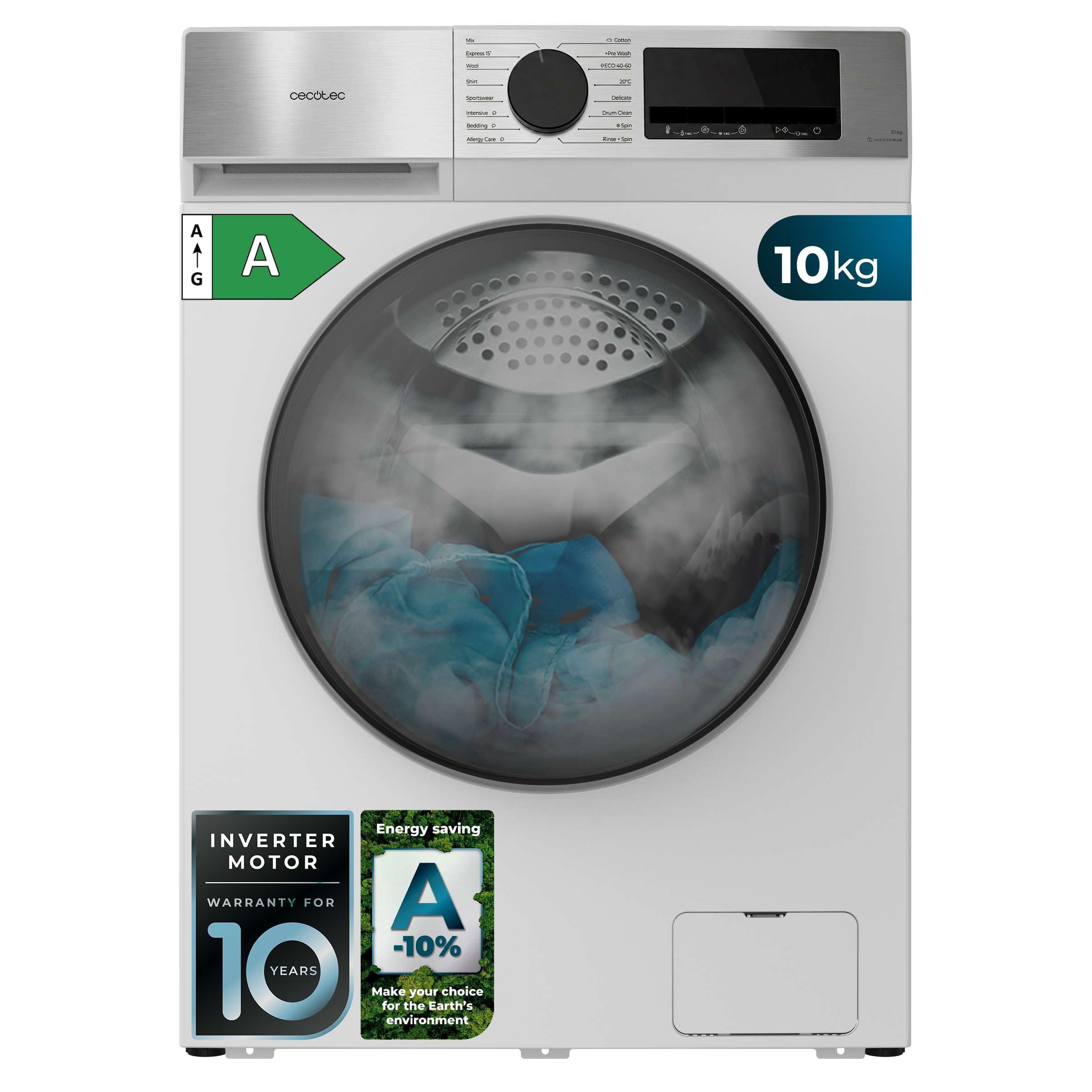 Cecotec Lavadora Carga Frontal 10Kg Bolero DressCode 10450 Inverter, 1400 rpm, 16 programas, Clase A-10%, Motor Inverter Plus, Allergy Care, Pearl Drum, Función Silence, Stop&Go y Kid Lock, Blanca