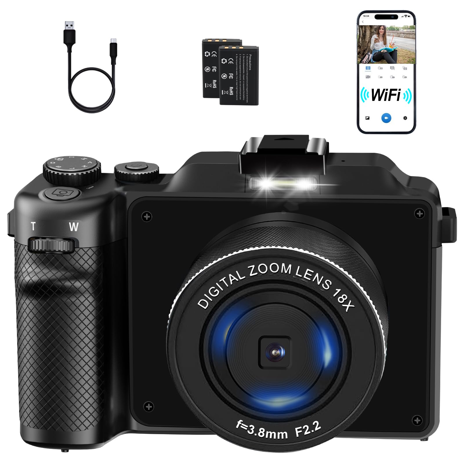 Cámara digital 4K para fotografía de 56 MP con WiFi, 2 baterías, cámara de vlogging, lente macro de enfoque automático, cámaras integradas en micrófono y altavoz