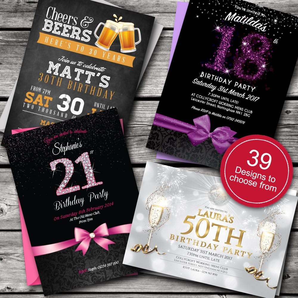 Personalised Birthday Invitations/Party Invites Choose from 39 stunning designs โข 18th 21st 30th 40th 50th - any age. Customise all wording and colours. BD01