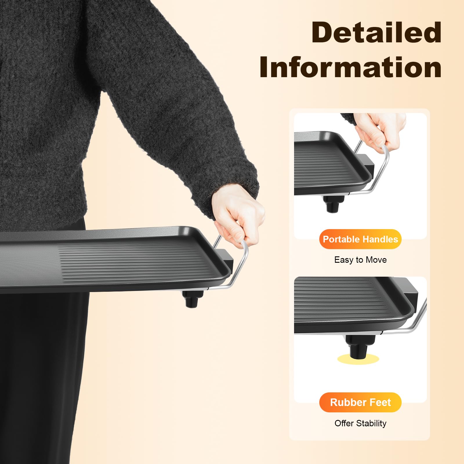 ARPITUYN Electric Griddle, Smokeless Barbecue Grill, Long Skillet Griddle Electric, Barbecue Grill With Adjustable Temperature & Even Heating For Outdoor Camping Backyard