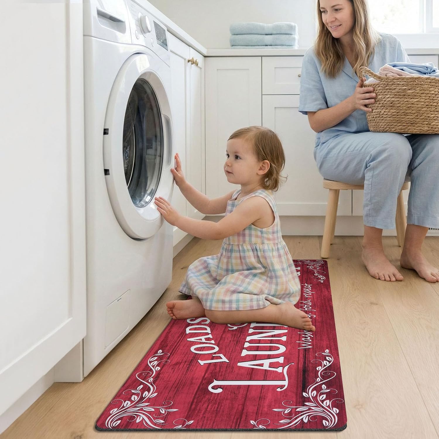 Lansny 20''x48'' Laundry Room Rug Non Slip Waterproof Washable Laundry Room Runner Rug Farmhouse Laundry Mat for Washroom Mudroom Floor Bathroom Decor, Red