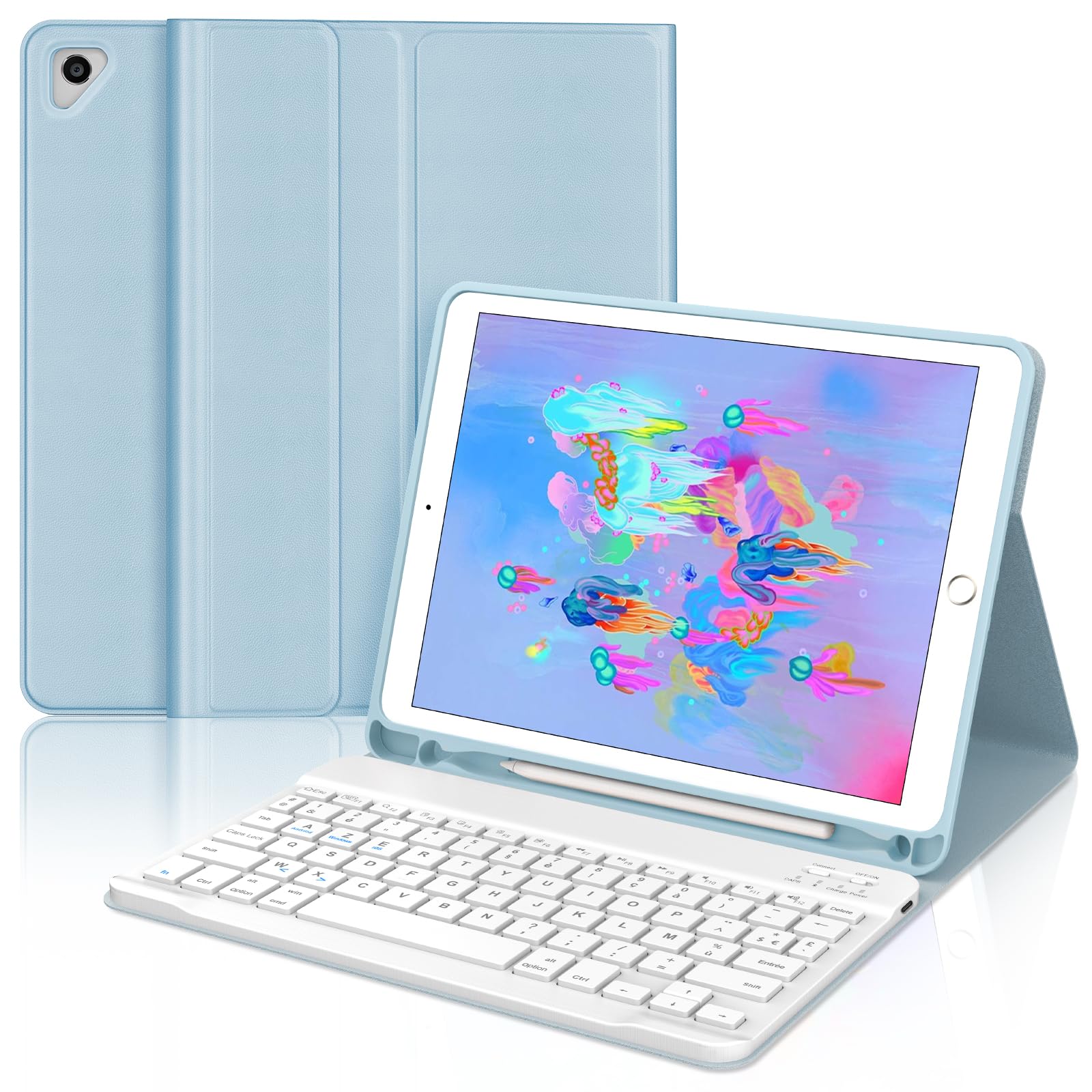 Coque Clavier pour iPad 6e/5e Génération 9.7 Pouces, AZERTY Français Housse Clavier Bluetooth Magnétique Détachable avec Porte Crayon pour iPad 2018/2017 9.7", Air 2/1, Pro 9.7 2016, Bleu Ciel