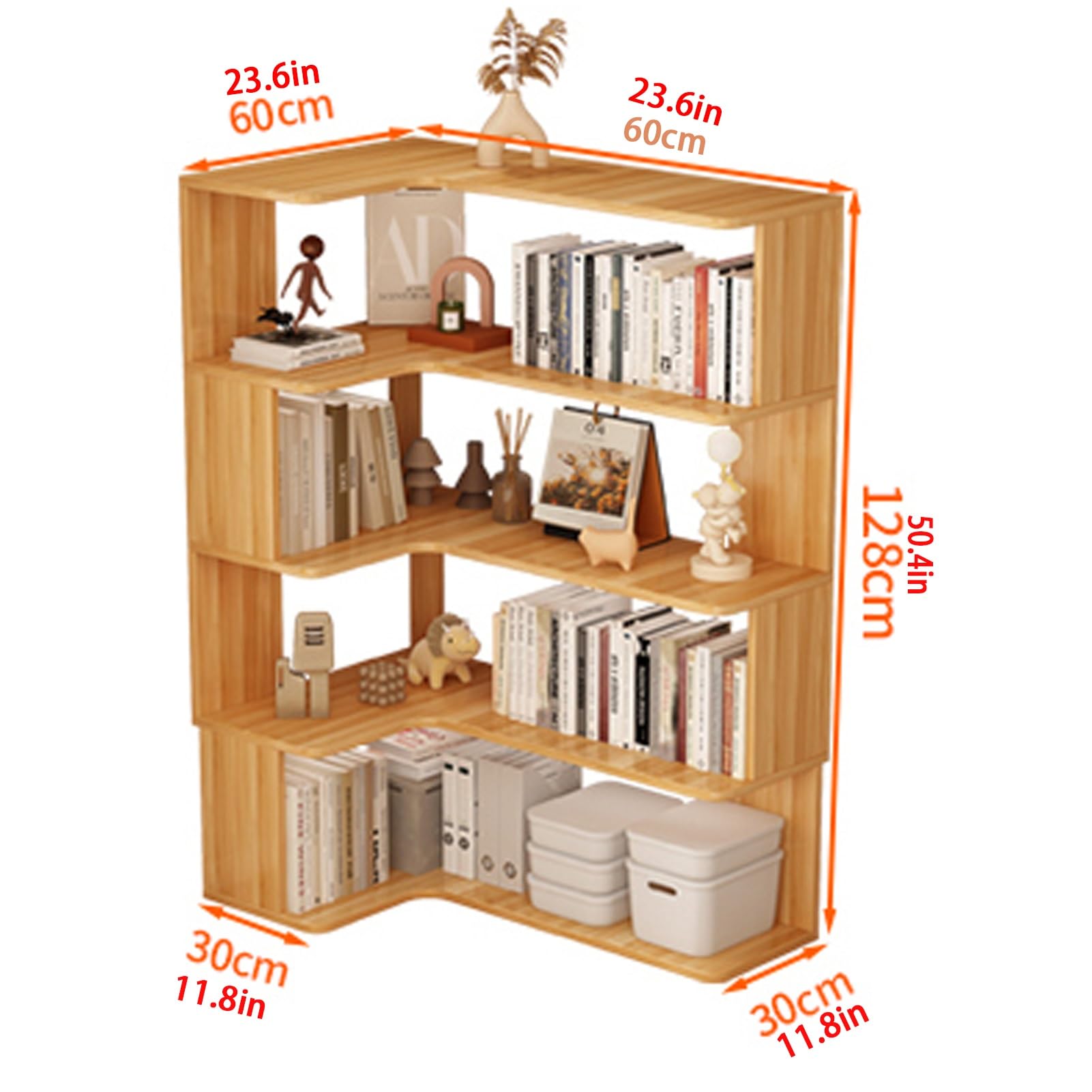 Libreria angolare a forma di L, espositore in legno massello, libreria da pavimento con pannello anti-goccia, per spazi ristretti (128 cm)
