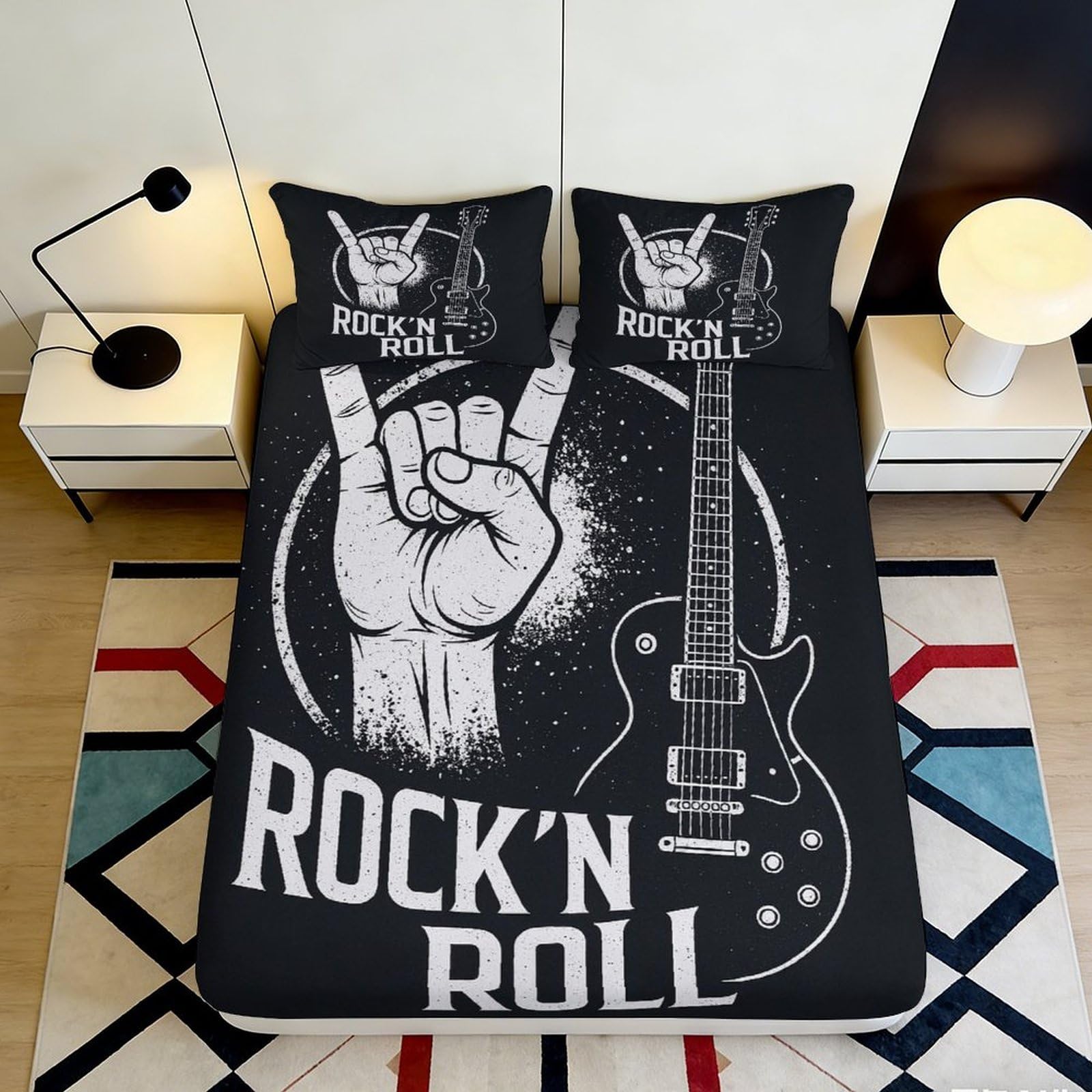 3D Printed Rock Guitar Fitted Sheet Microfiber Deep Pocket Bedroom Bedding Non-Slip Rock Mattress Fitted Cover for Adults Teens 90x200x25cm