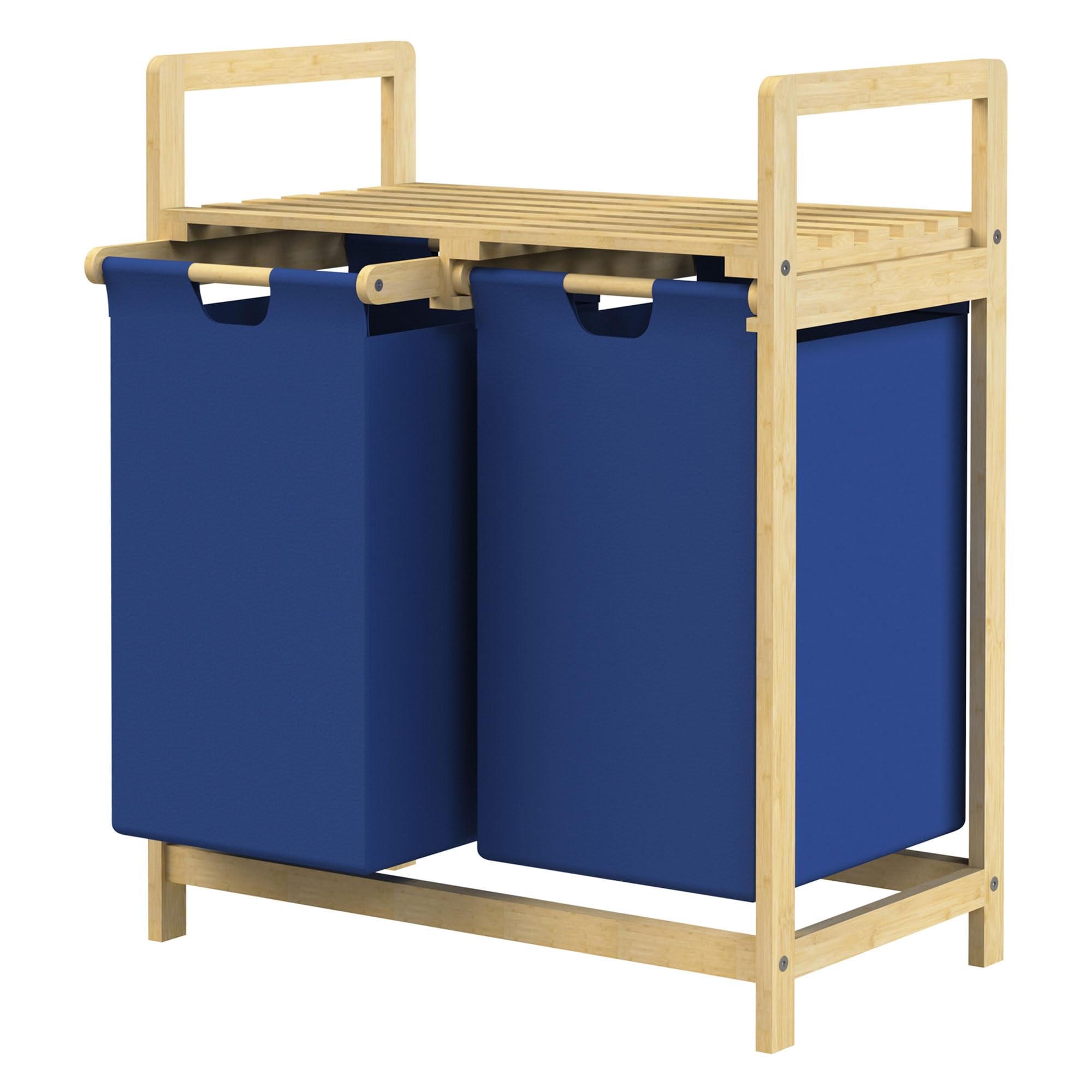 ML-Design Cesto para la Colada, Bambú Azul Oscuro, Caja para la Ropa Sucia con 2 Compartimentos, Recogedor con 2 Bolsas Extensibles 30 L, Cubo con Estante Clasificador para el Cuarto de Baño