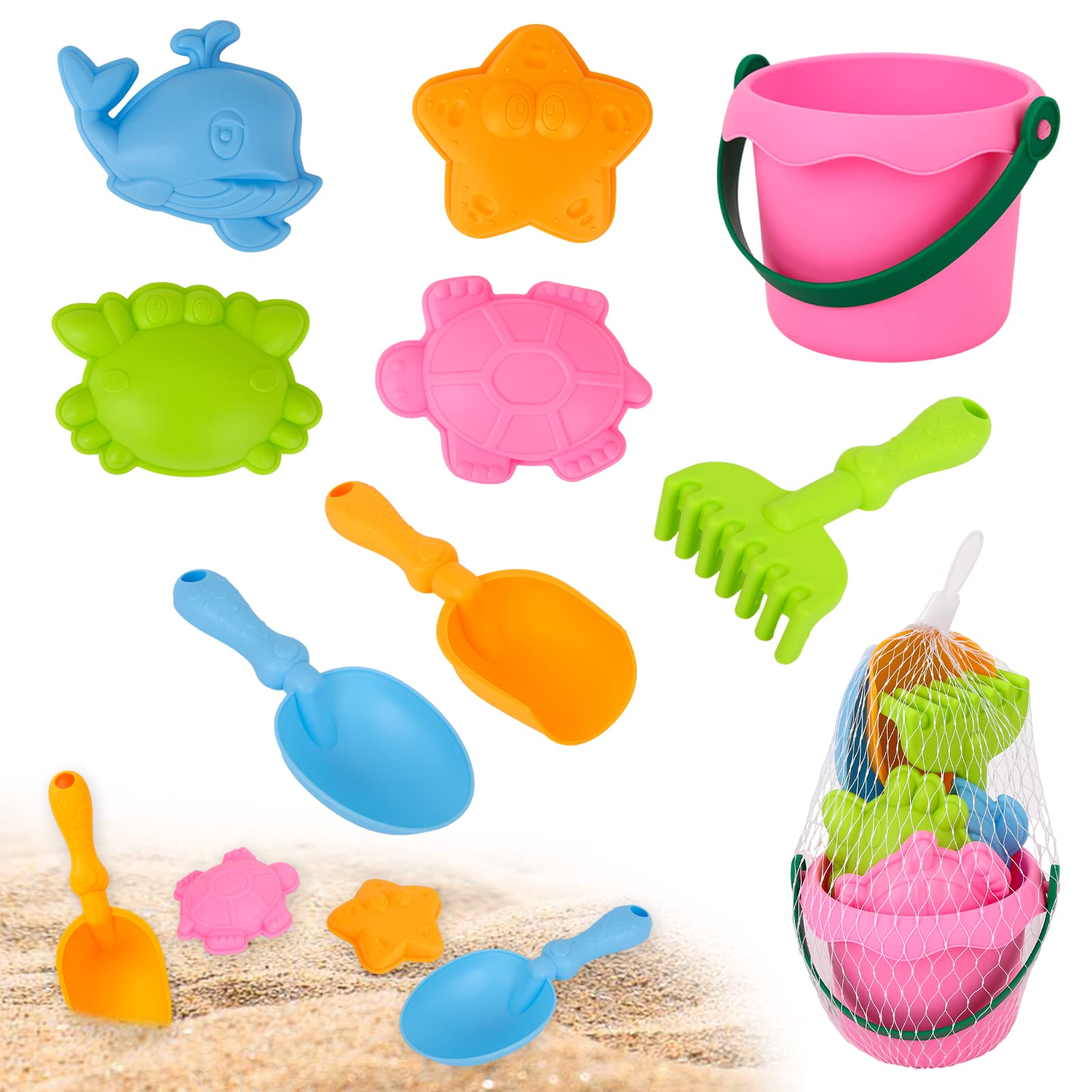 Gukasxi Juego de juguetes de arena para niños, 8 piezas de juguetes de playa de arena para niños con pala de arena, cubo y moldes de arena, juguetes de agua, caja de arena para niños (cubo rosa)