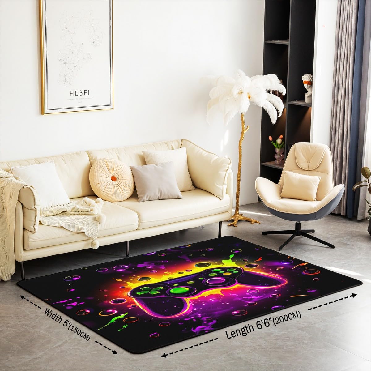Loussiesd Dywan do salonu dla graczy, 150 x 200 cm, gamingowy dywan akcentujący dla chłopców, dziewcząt, nastolatków, nowoczesny kontroler konsoli do gier, mata podłogowa, joystick, czarno-fioletowa,