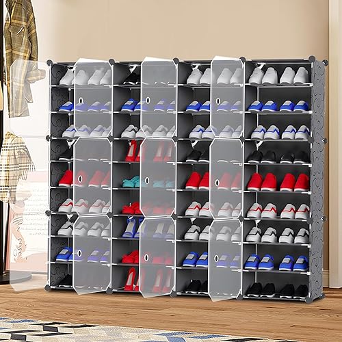 Miniatura 4 de Armario portátil de almacenamiento de zapatos con puertas, organizador de 9 niveles, 72 pares de zapatos, contenedor apilable de plástico
