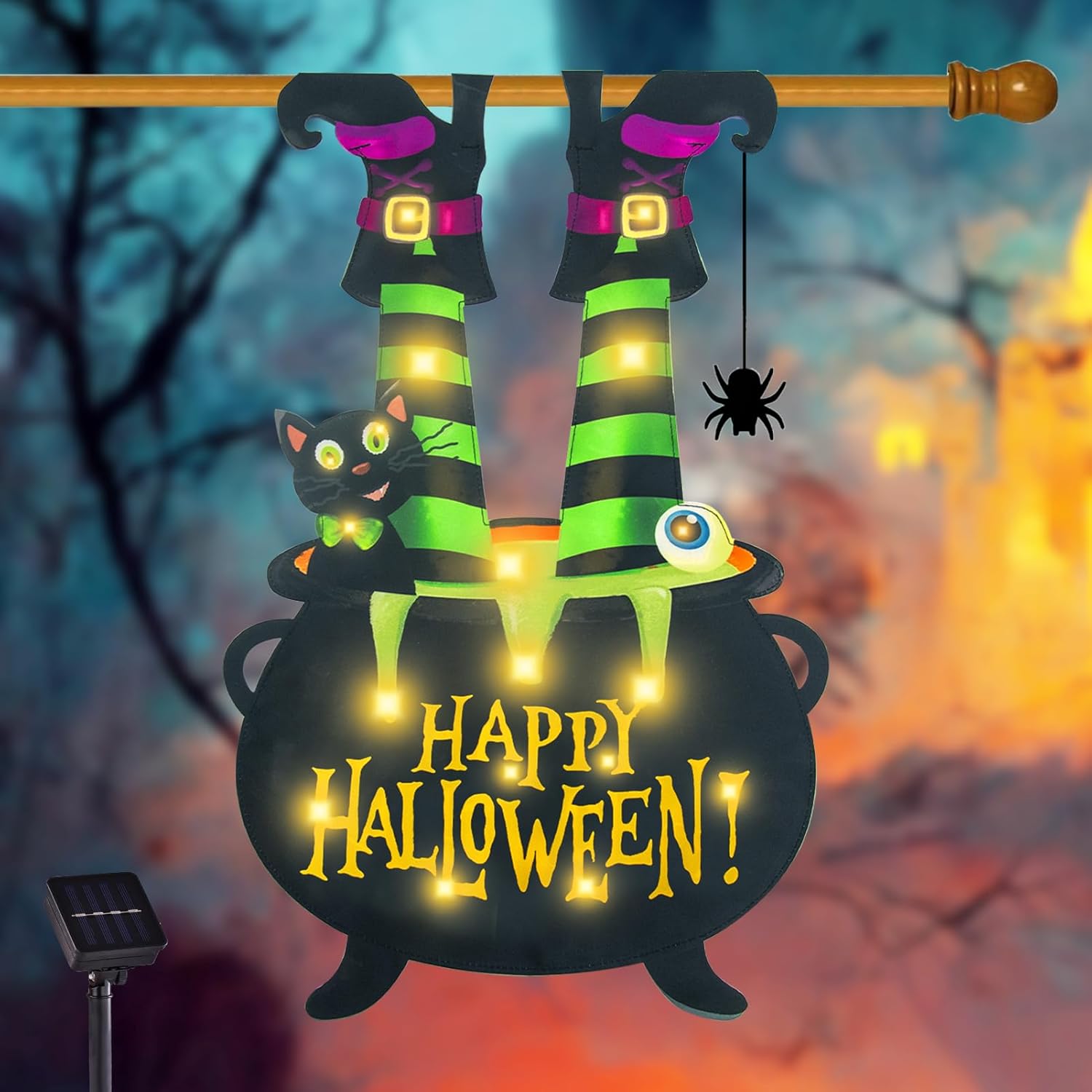 Halloween Lighted Garden Flag for Outside, Led Solar Yard Flag 8 Modes Witch Feet Shape Flag, 28x42 Double Sided Cauldron Eyeball Black Cat Decorations for Home Porch