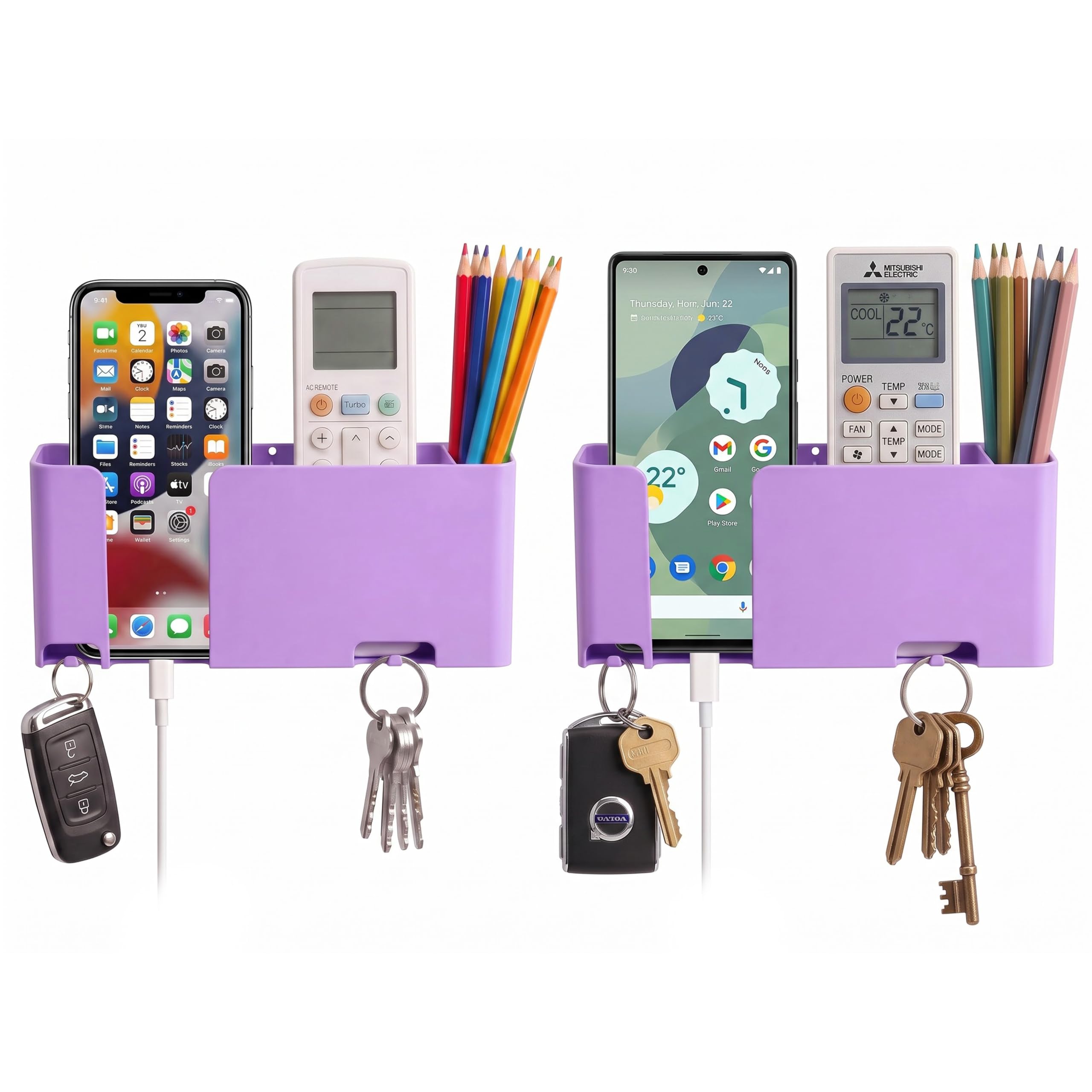 Mobile & Remote Wall Holder, Pastel Violet, Pack of 2 | ABS Wall Mount Stand, 3 Compartments for Phone, Remotes & Pens, 2 Key Hooks, No-Drill Mount with Strong Double-Sided Sticker-image-32