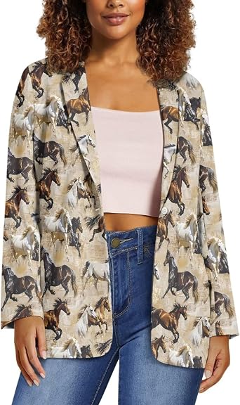 Horeset American Flag Bald Eagle Womens Graphic Print Blazer Button Open Front Long Sleeve Jacket