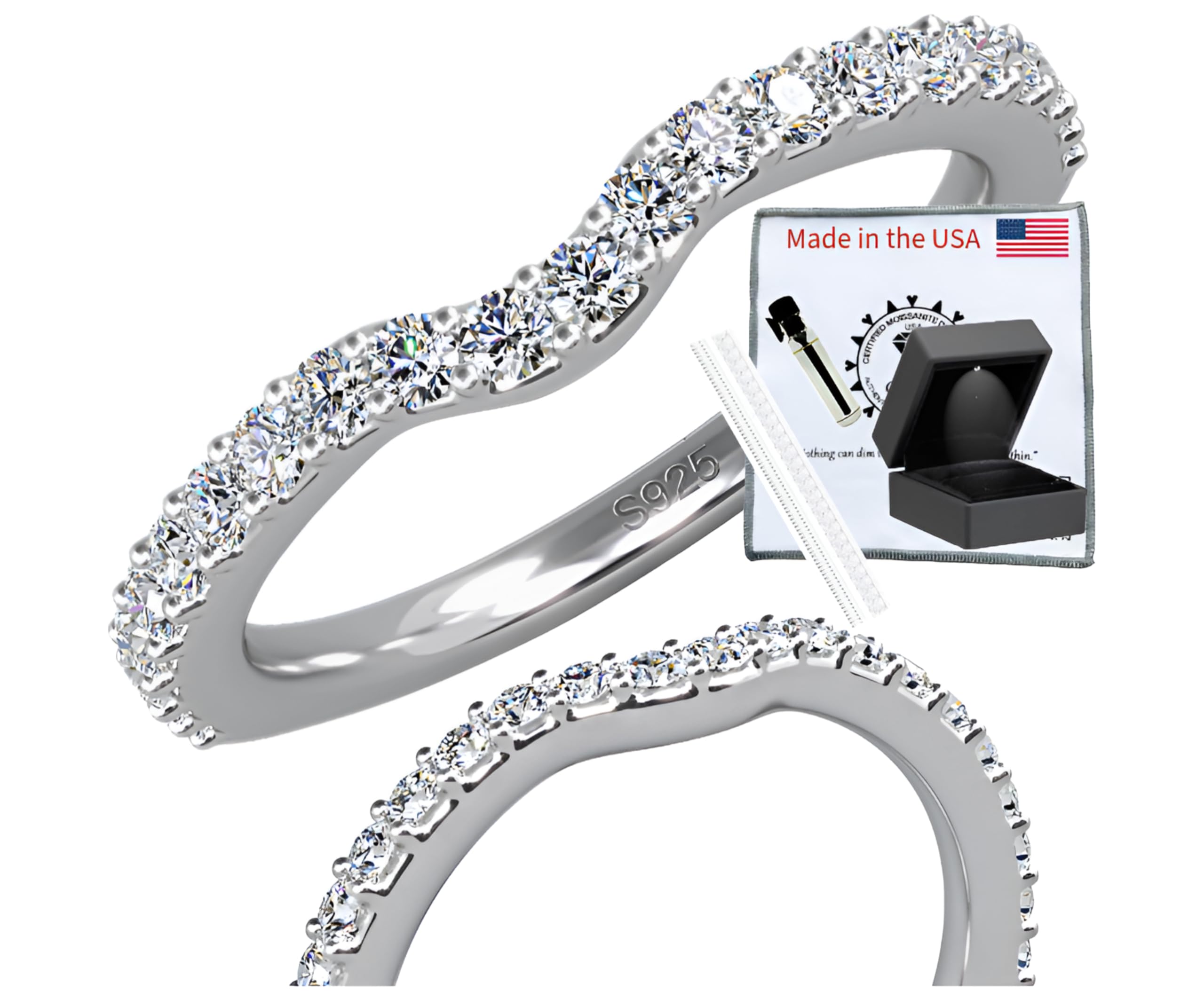 CMD Moissanite Curved Wedding Band, 1.8mm band, .55 TCW, D Color VVS1 Clarity, Semi Eternity Pave Setting, 18K White Gold-Filled Vermeil Silver 925,