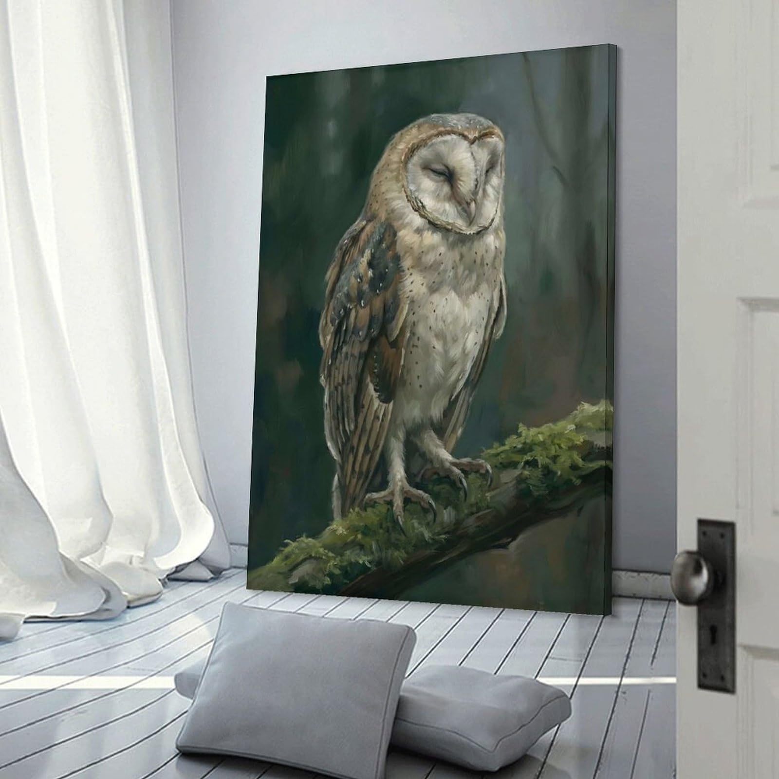 Junmoney Frame-Style-16 Barn Owl Perched On Mossy Branch Canvas Wall Picture, 20X30inch(50X75cm), For Living Room, Bedroom Or Apartment Walls, Decorative Artwork For Empty Walls