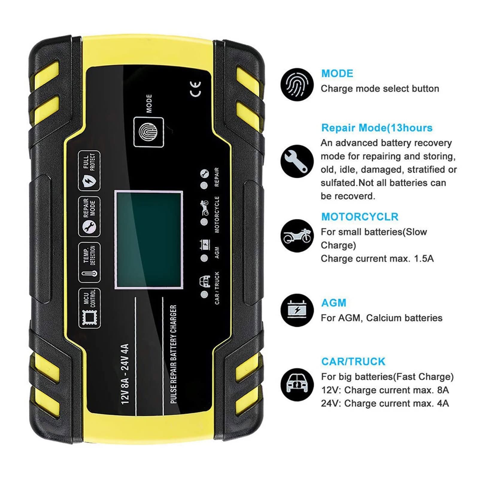 Chargeur de Batterie, Chargeur de batterie de voiture AGM chargeur de plomb-acide GEL à Cycle profond 12V 24V 8A chargeur de réparation d'impulsion avec écran LCD utilisation de voiture de moto