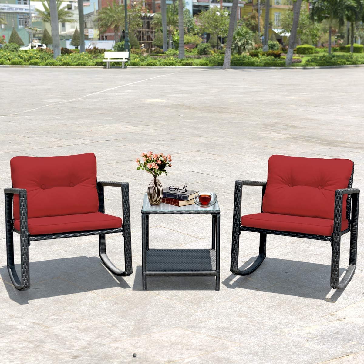 DORTALA 3 Pieces Patio Furniture Set, Rattan Rocking Chair and Glass Coffee Table with Cushions, Outdoor Wicker Conversation Bistro Set of 3 for Backyard Poolside, Red