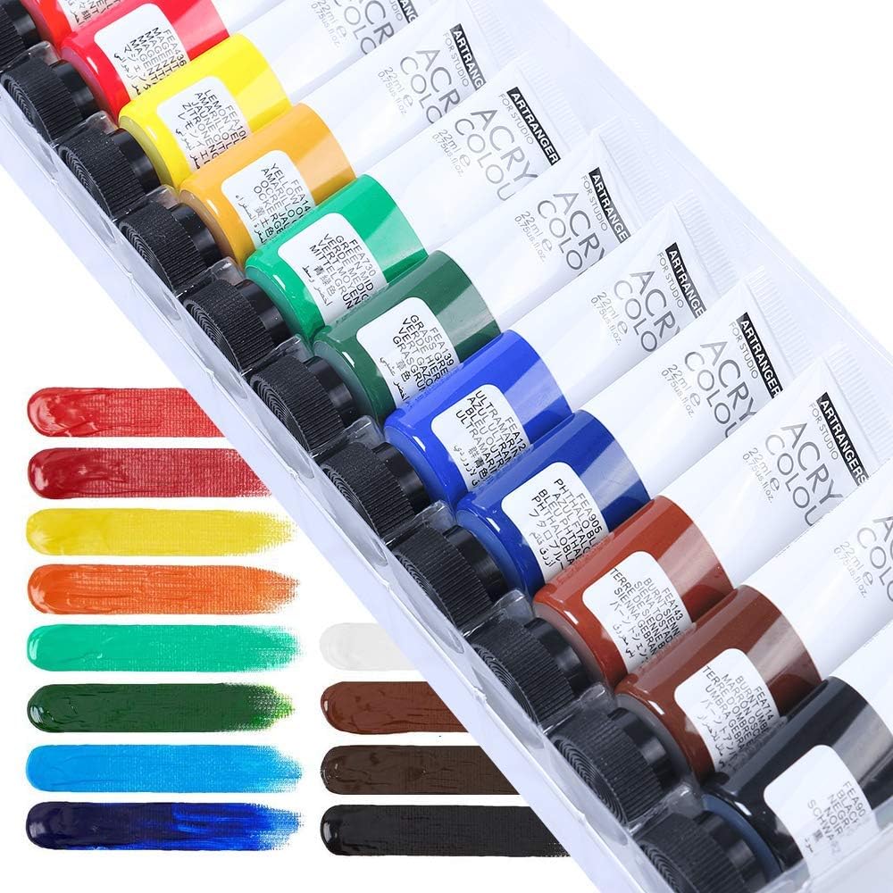 Craftamo Acrylic Paint Set 12 x 22ml Tubes, Acrylic Painting Set For Use On Artist Canvas, As Fabric Paint, Model Paint, Glass Paint, Clay Paint Or Craft Paint Set