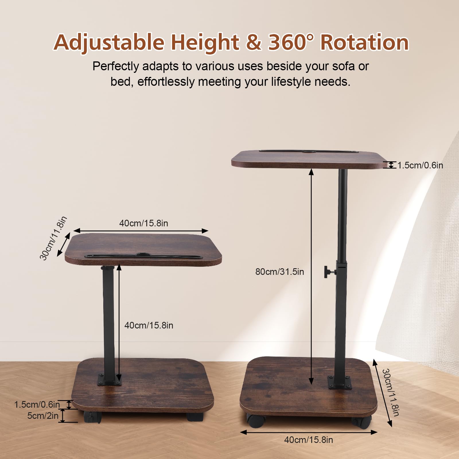 Tavolini a Forma Di C, Tavolino Regolabile in Altezza con Ruote, Girevole a 360° con Slot per Telefono e Tablet, Tavolino da Divano per Soggiorno e Camera da Letto