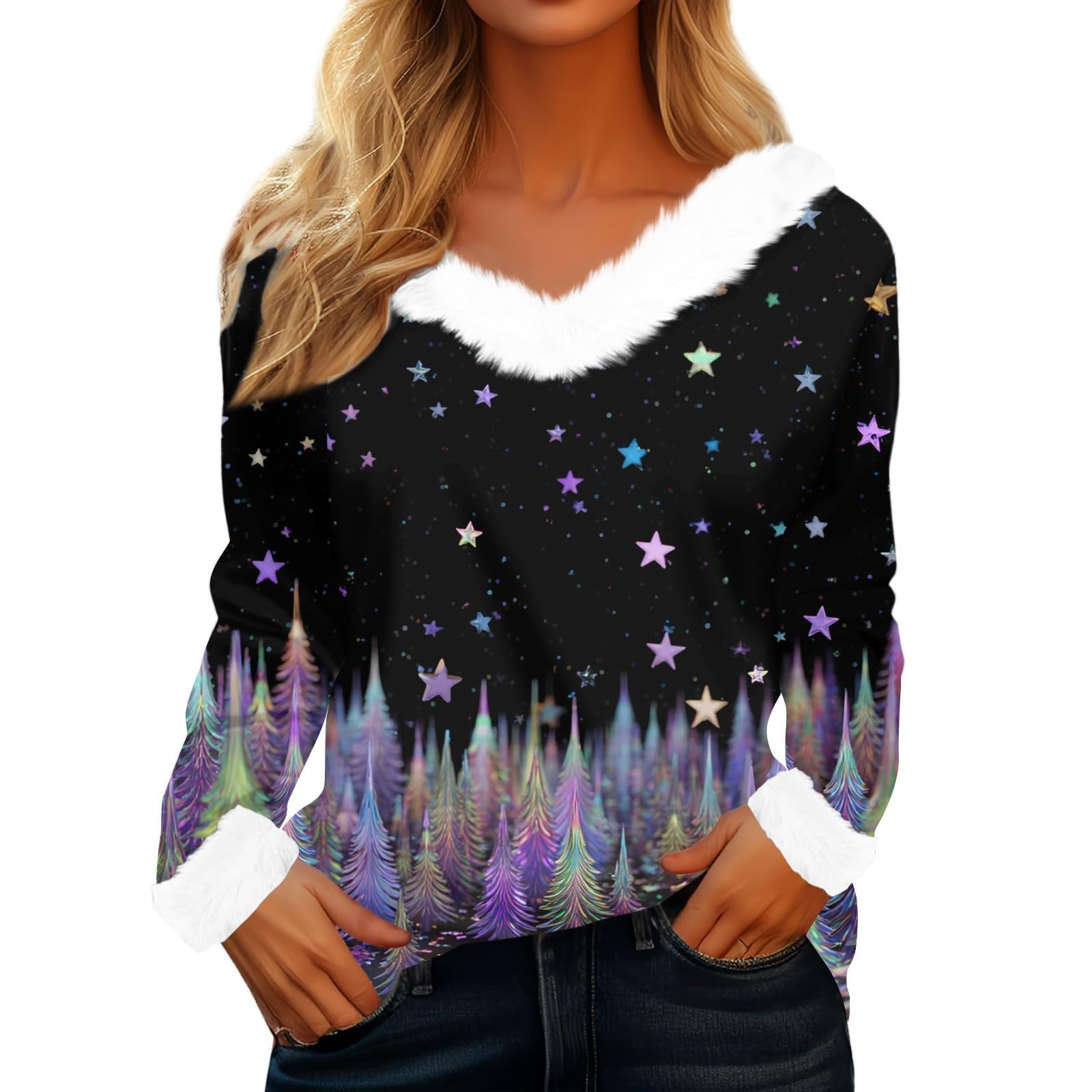 Ladies Christmas Party Top Faux Fur V Neck Long Sleeve Festive Print Black