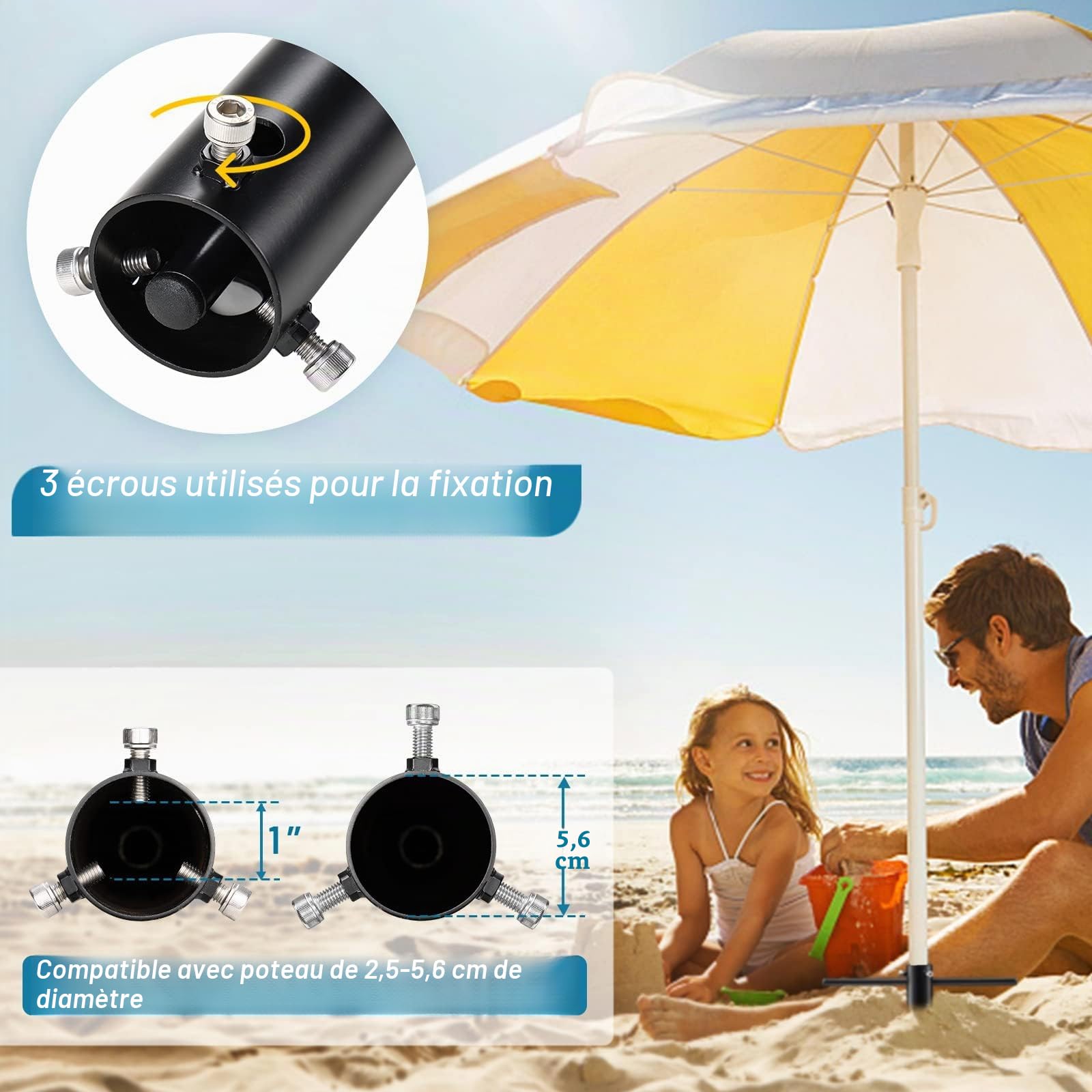 Lot de 2 piquets d'ancrage au sol pour parasol de plage avec base en spirale en métal Noir 43 cm | Ancrage au sol réglable pour poteaux de parasol de 2,5 à 5,5 cm, convient pour le jardin, la plage, la pelouse et la terrasse