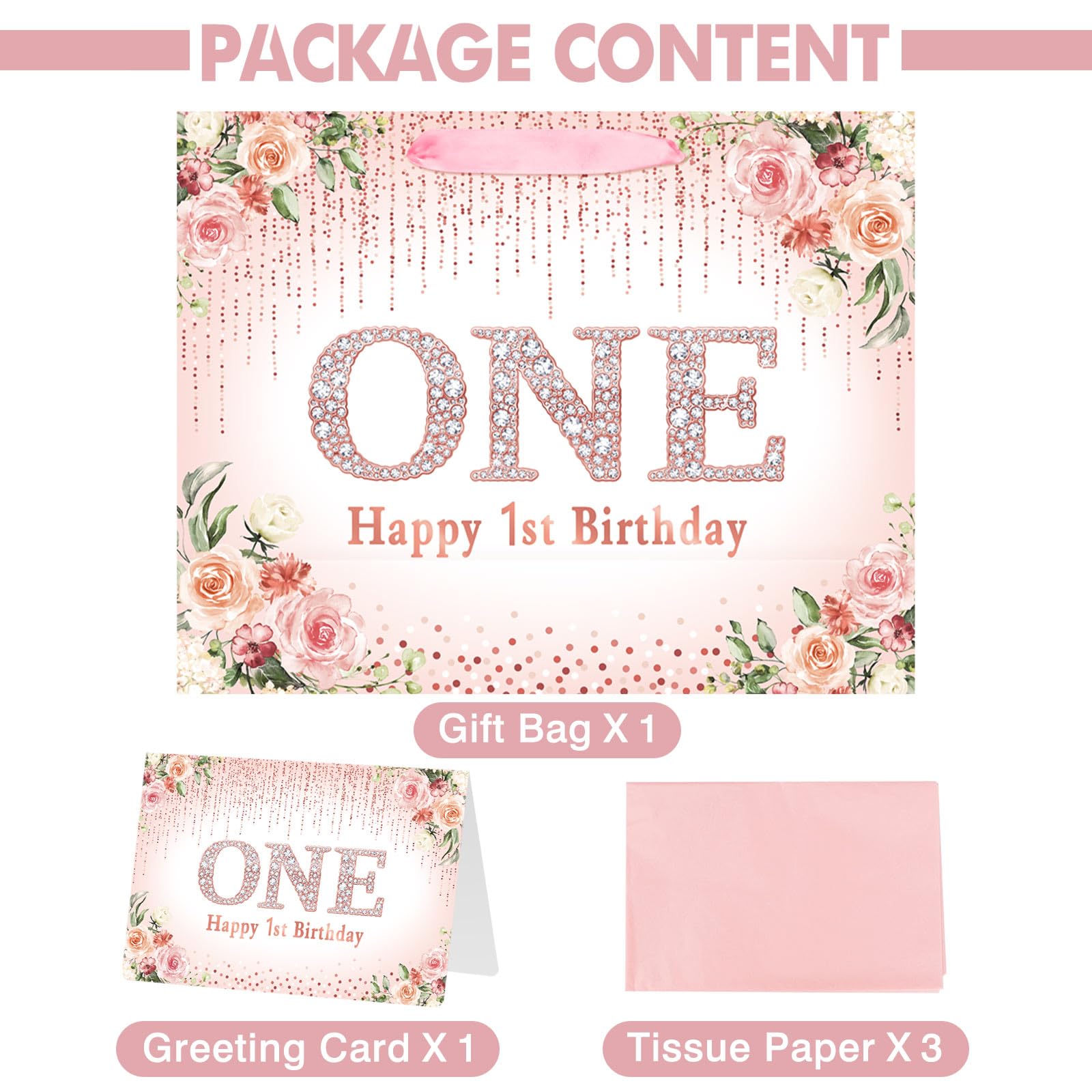 Laidans Rose Gold One Year Old Happy Birthday Gift Bag with Tissue Paper and Card for Bday Party Supplies (Rose Gold) (1st)