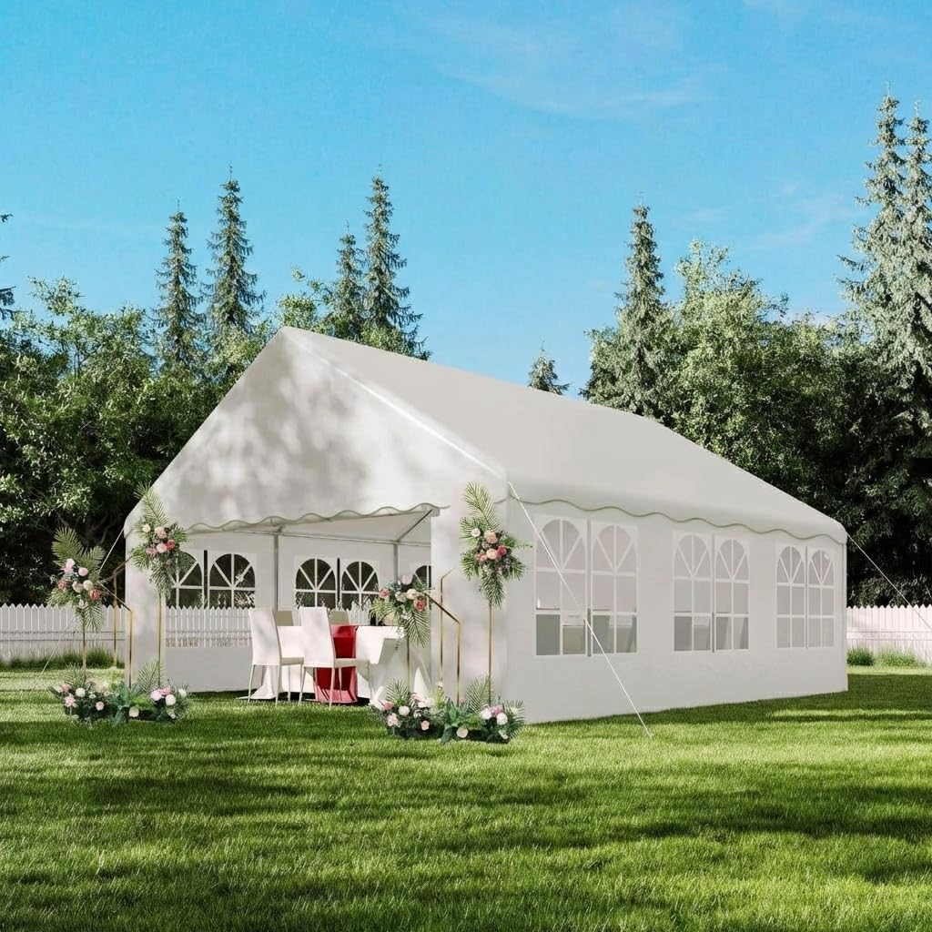 Photo 1 of [Partial Set, only standing poles, no tarp or corner supports]20x20 ft Heavy Duty Party Tent - Outdoor Wedding & Event Canopy with Removable Sidewalls & Waterproof Roof, White Commercial Shelter for Backyard, Reception, Festival