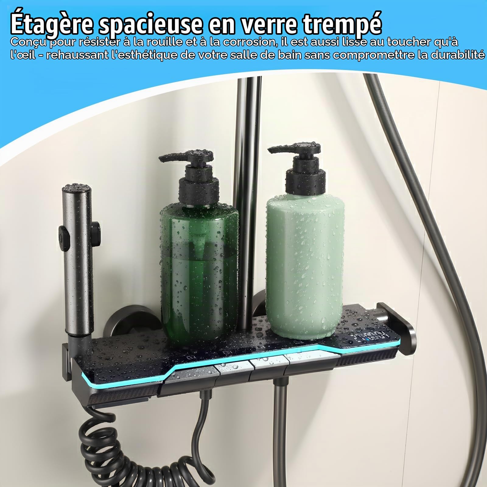 Colonne de Douche avec Affichage Numérique LED, Système de Douche 4 en 1, Réglable en Hauteur Intégrant une Douchette Hygiénique, Lumière d'ambiance Bleue