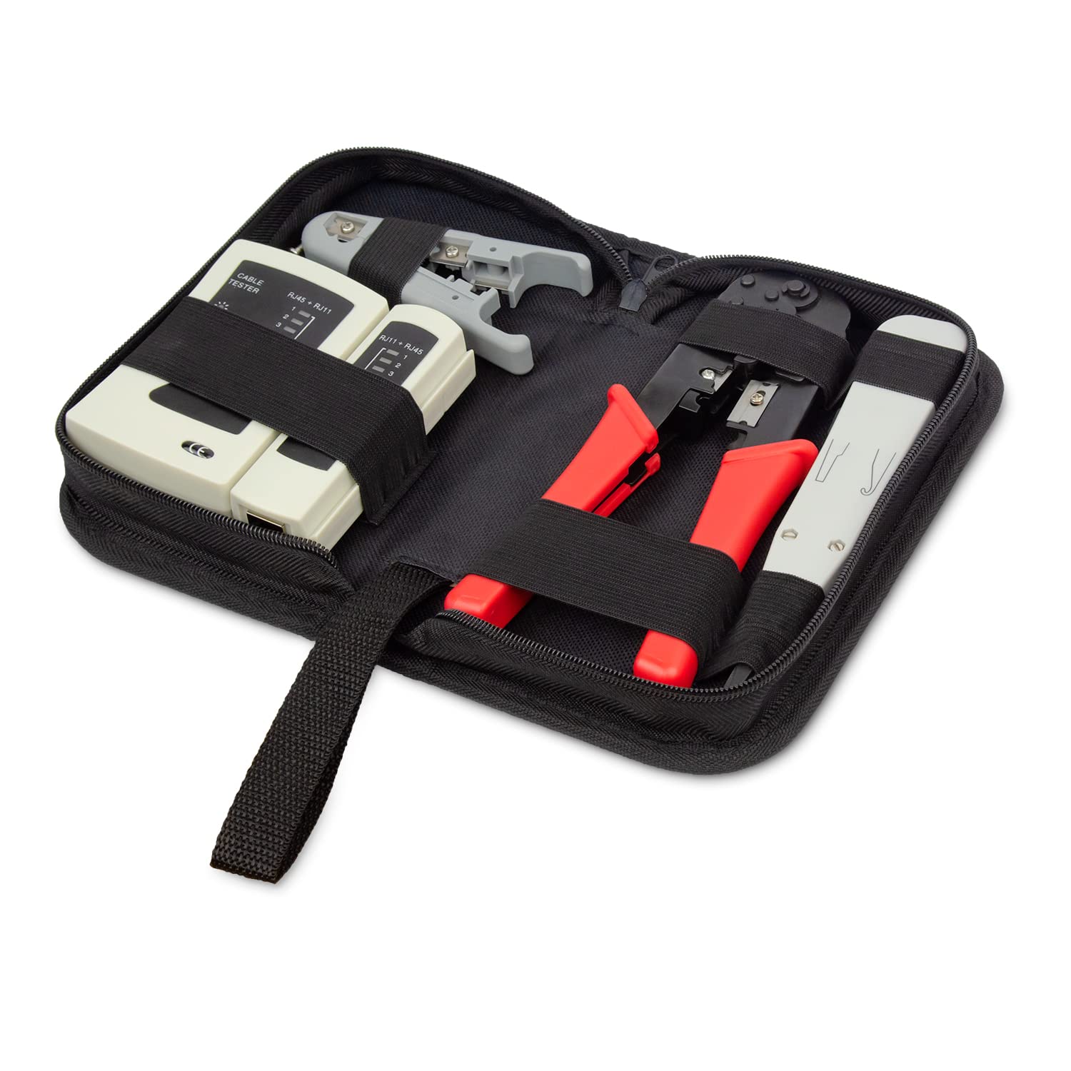 deleyCON 4 Piezas Juego de Herramientas con Estuche Probador de Cable con Pinza LSA Herramienta para Pelar Pinza de Aislamiento Cable para Redes Informáticas LAN Herramienta CAT RJ11 RJ12 RJ45